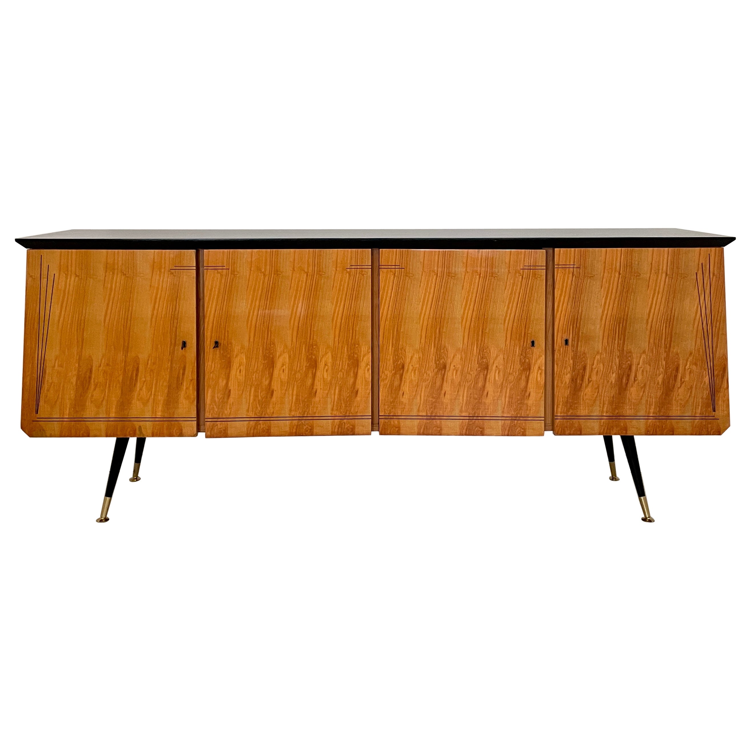 Italian Midcentury Sideboard with 4 Doors in Ash, Black and Brass, Around 1950 For Sale