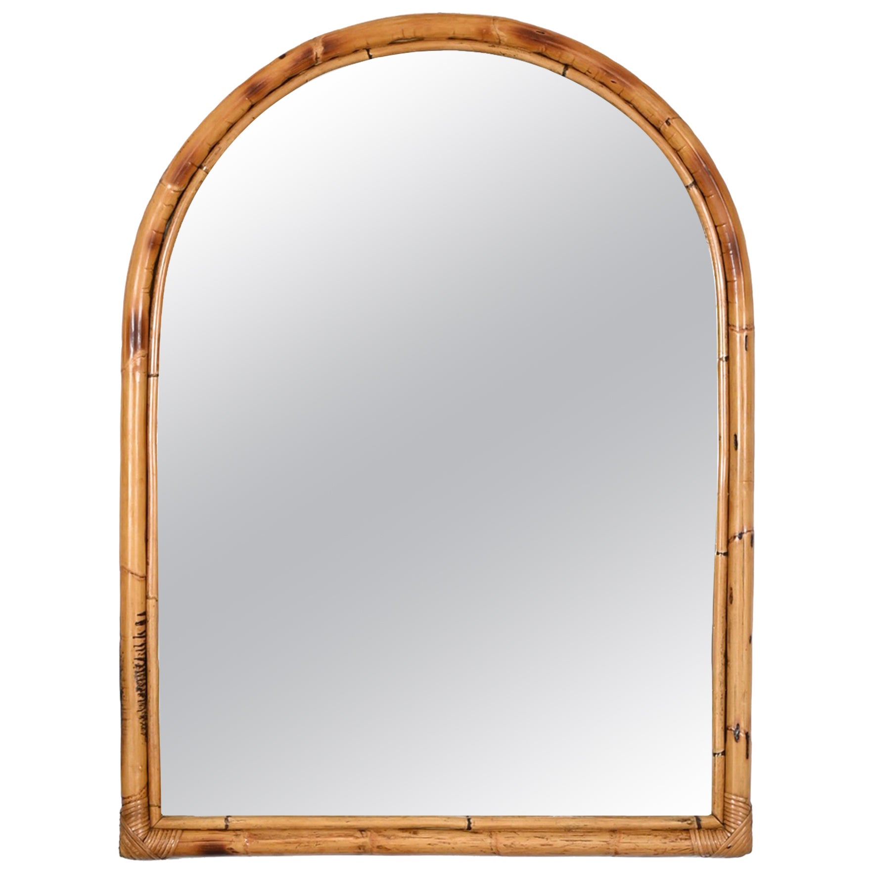 Midcentury Italian Arch Mirror with Double Bamboo and Rattan Frame, Italy, 1970s For Sale