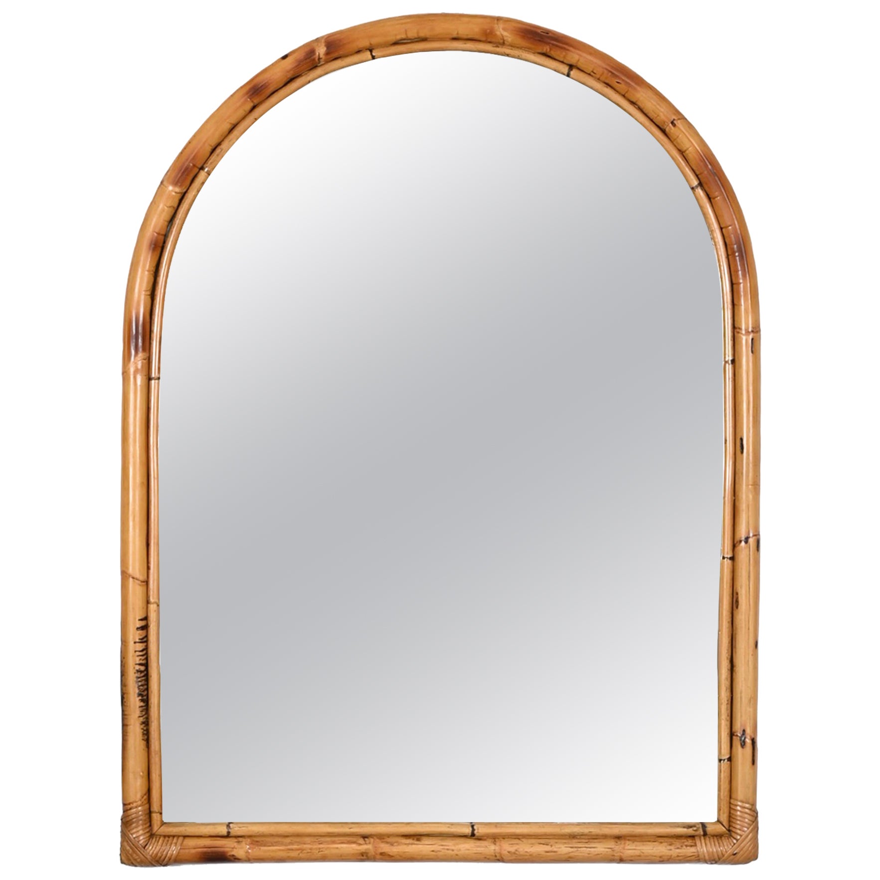 Midcentury Italian Arch Mirror with Double Bamboo and Rattan Frame, Italy, 1970s