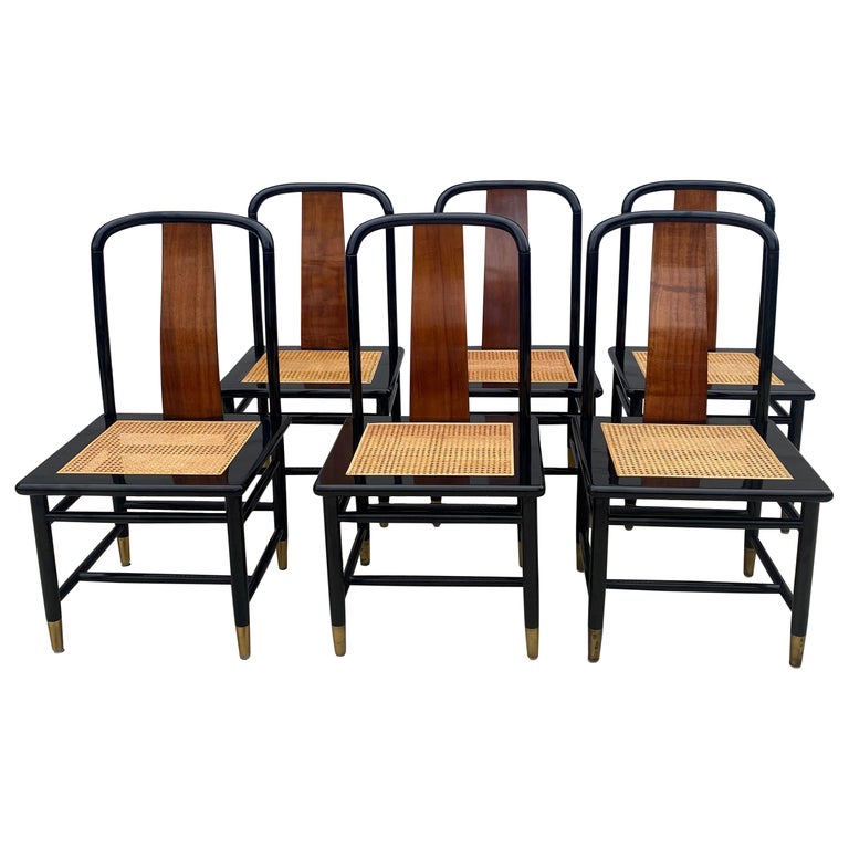 Set of 10 Sculpted Italian Louis XV Style Cane Back Dining Chairs in Black  at 1stDibs