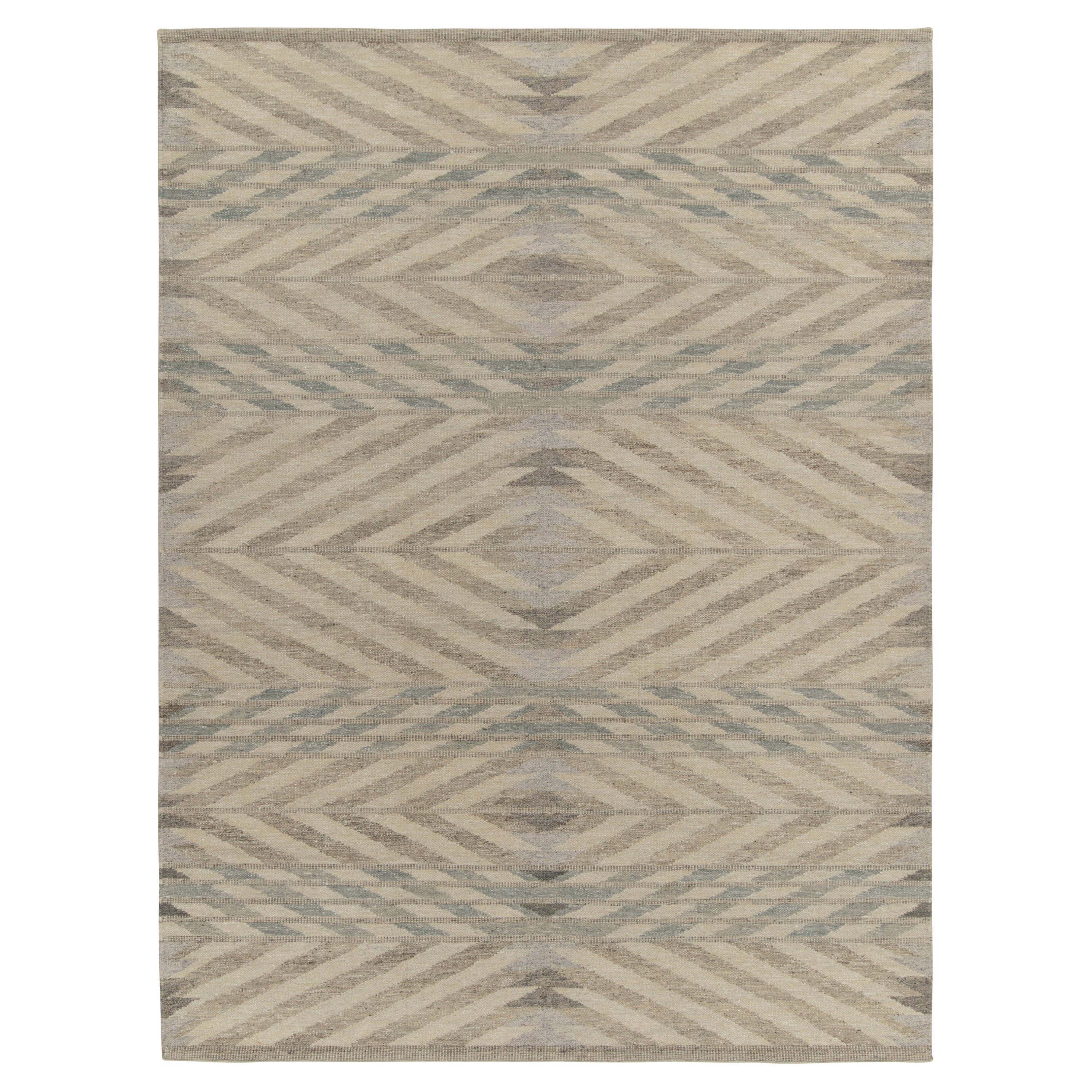 Rug & Kilim’s Scandinavian Style Kilim in Beige-Brown and Blue Chevrons For Sale