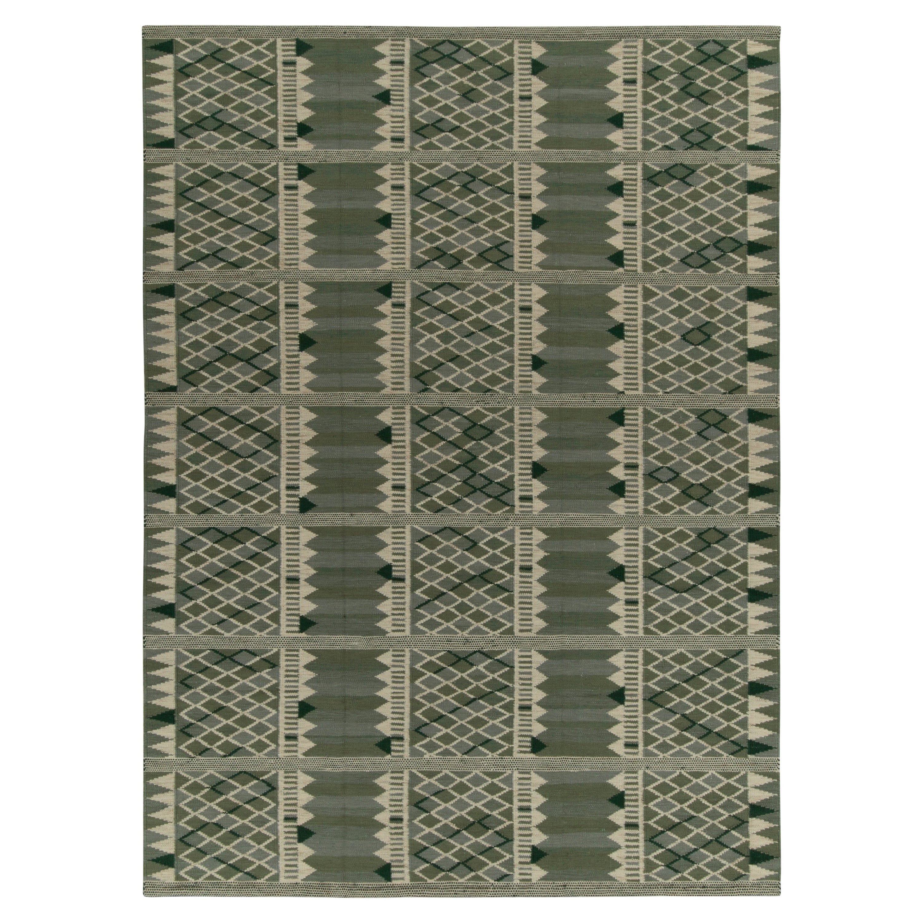 Rug & Kilim’s Scandinavian Style Kilim in Green & White Geometric Pattern For Sale