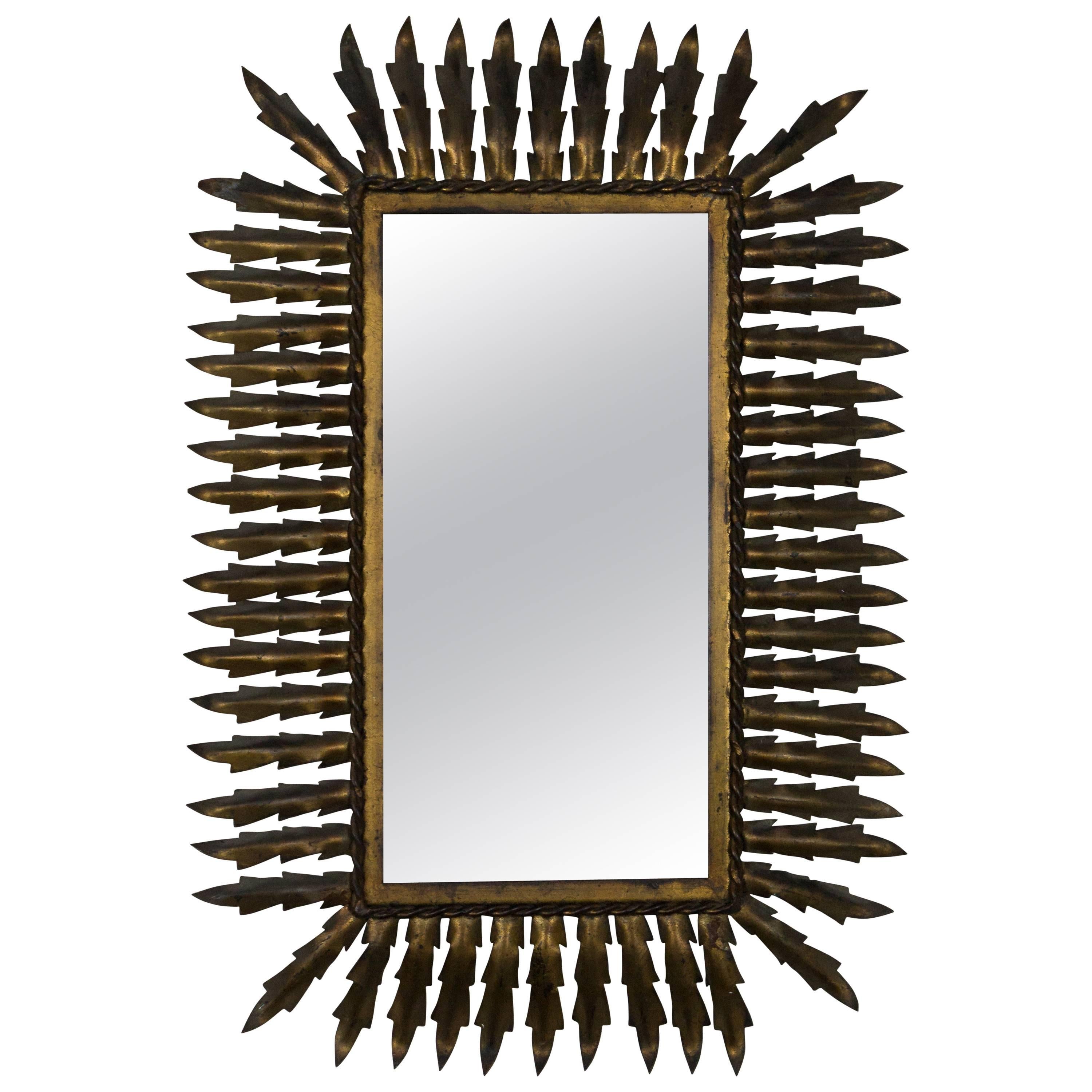 Spanish Gilt Metal Rectangular Sunburst Mirror