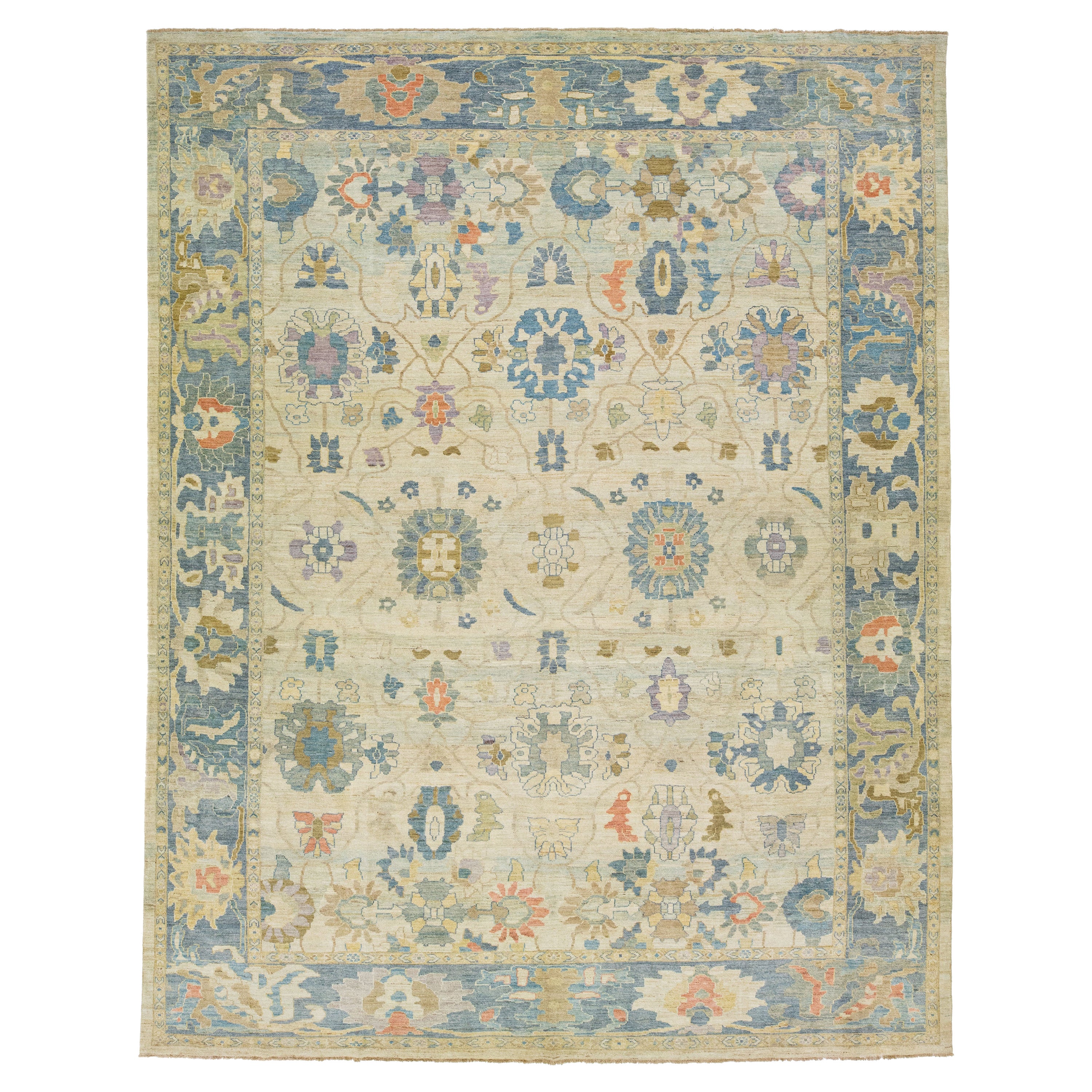 Modern Beige Sultanabad Wool Rug with Multicolor Floral Motif For Sale
