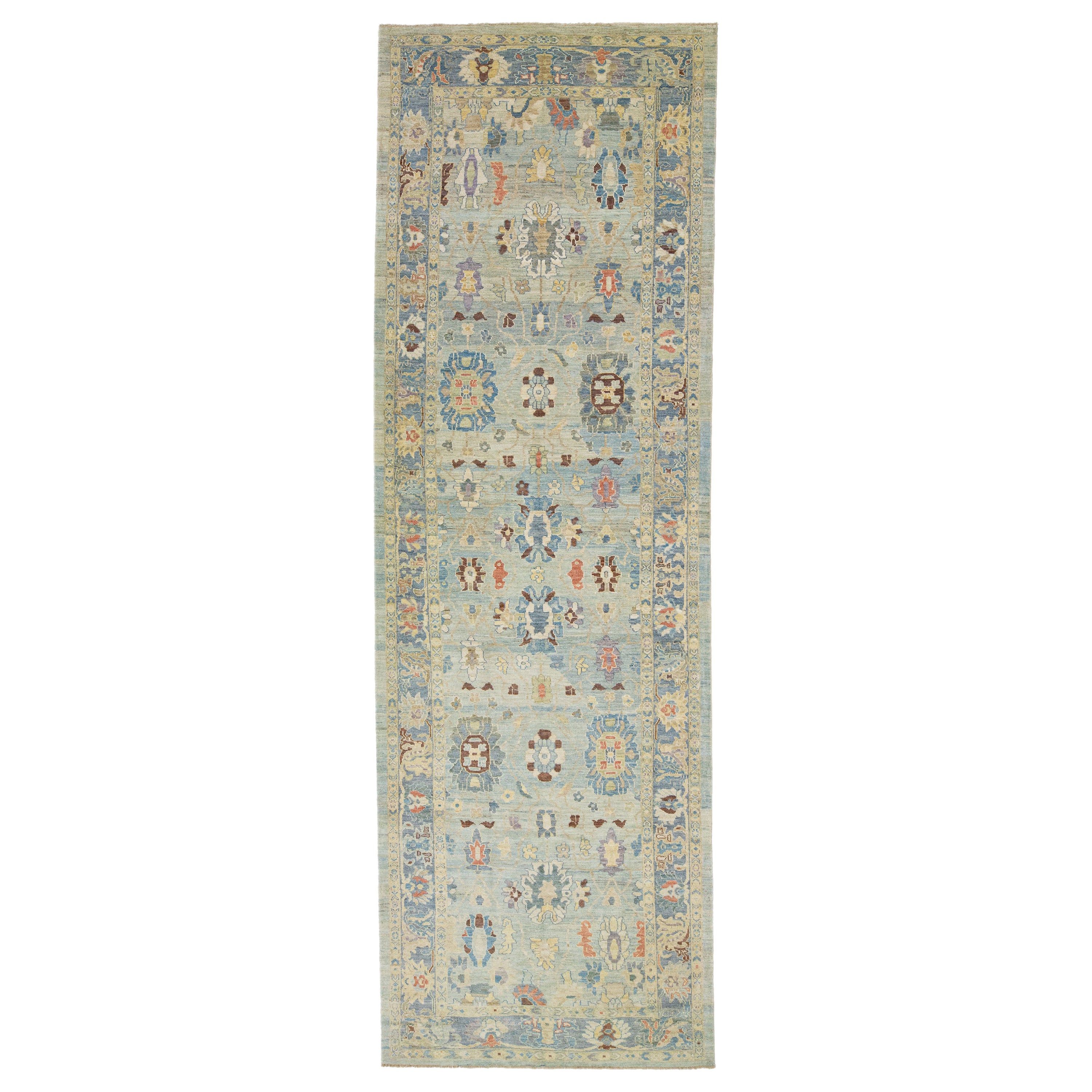 Modern Floral Sultanabad Gallery Wool Rug in Blue For Sale