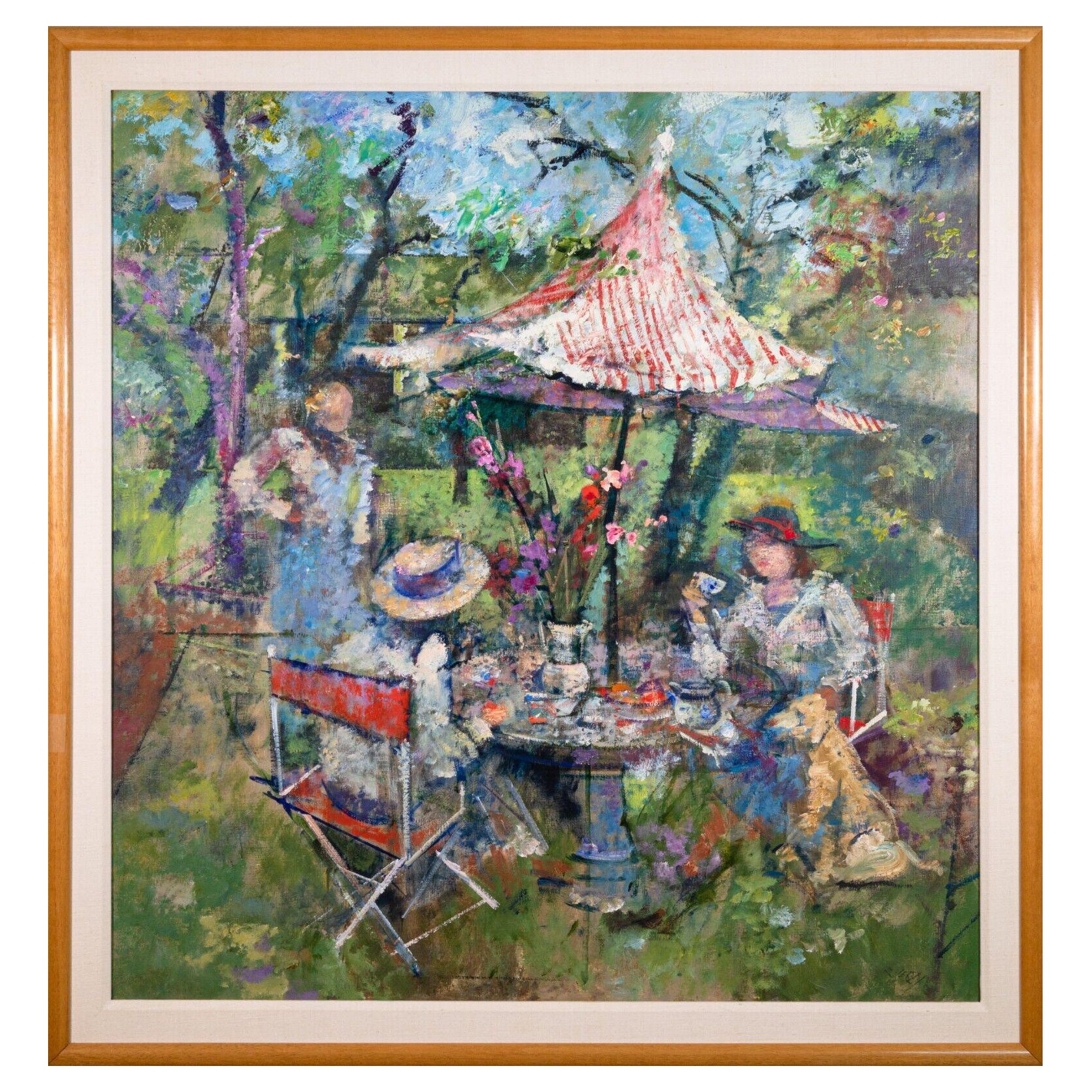 Richard Jerzy Under the Chinese Umbrella Signed Impressionism Oil Painting 1988 For Sale