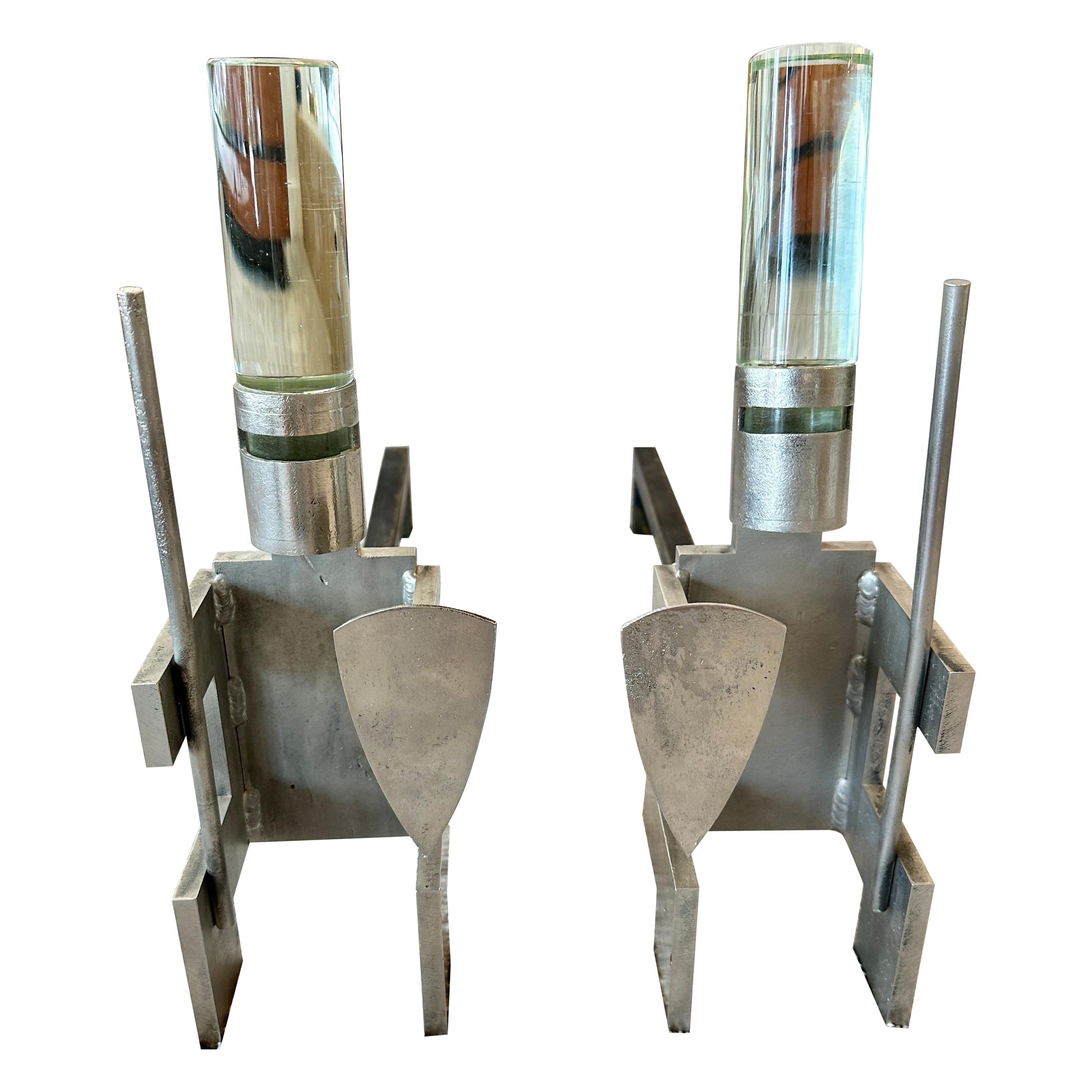 Pair of Andirons in Chrome, Enameled Steel & Glass, Designed as Knights