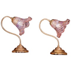 Ensemble de 2 lampes de bureau rose iridescente de Murano