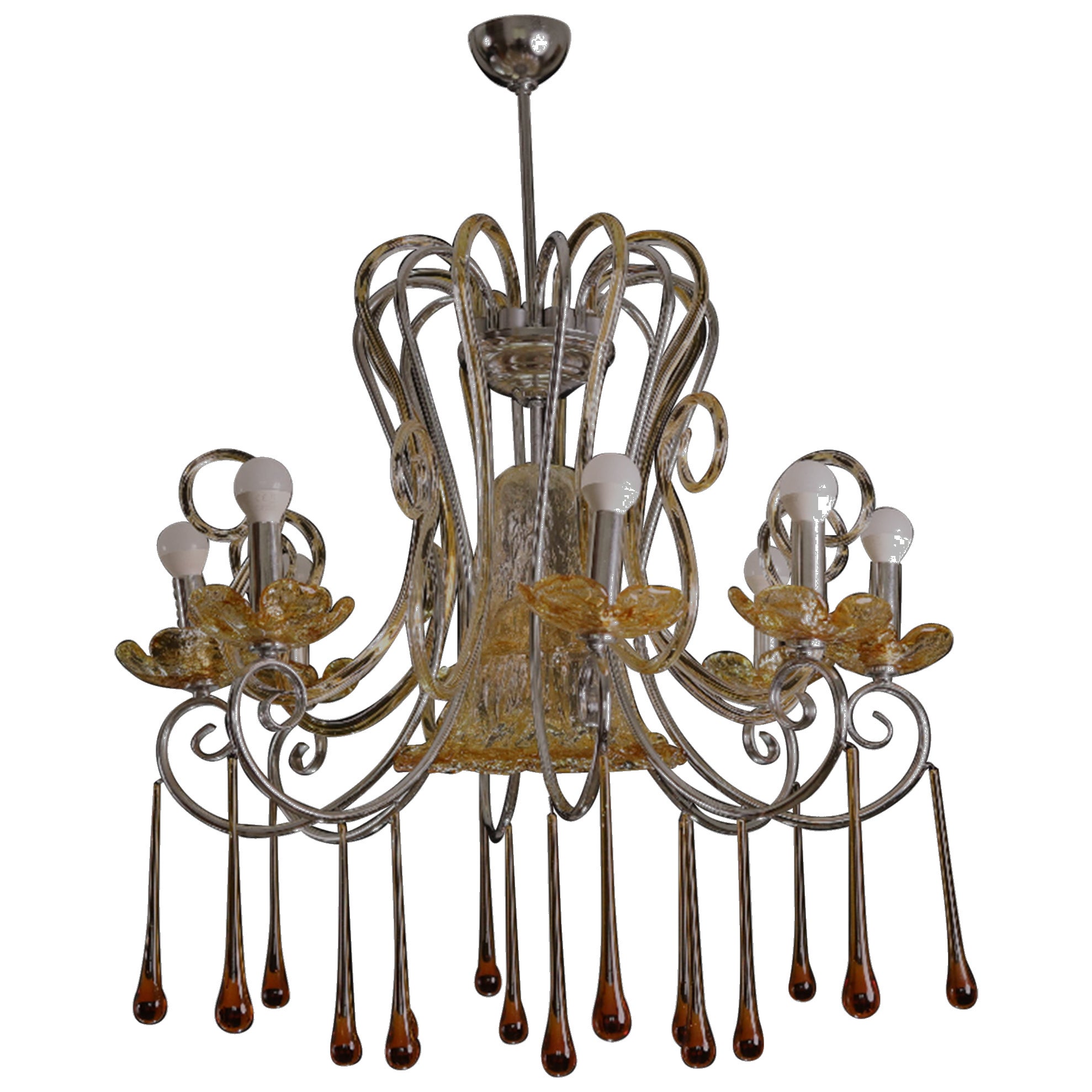 Spectacular Murano Amber Chandelier, 8 Arms, 1980s