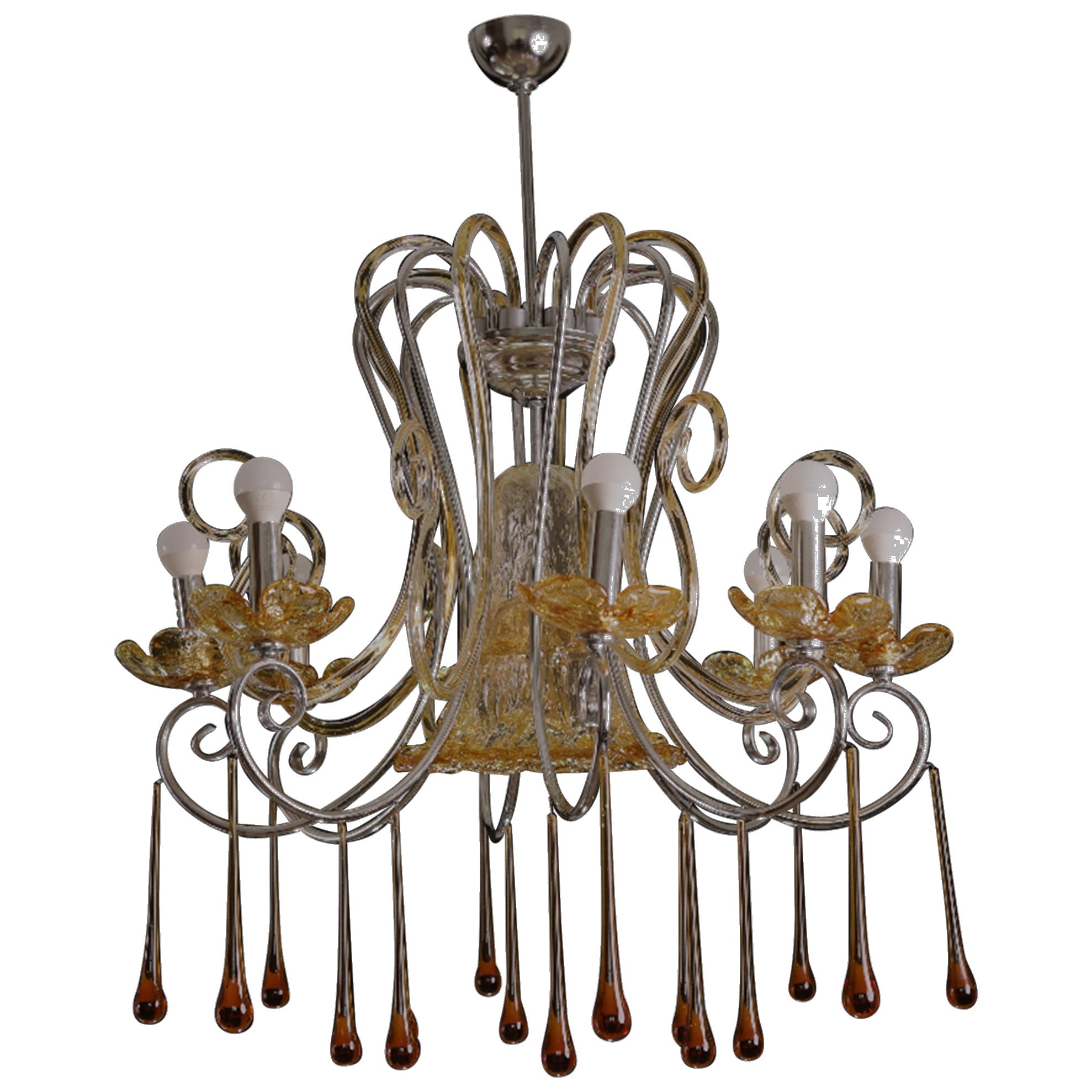 Spectaculaire lustre en ambre de Murano, 8 bras, années 1980