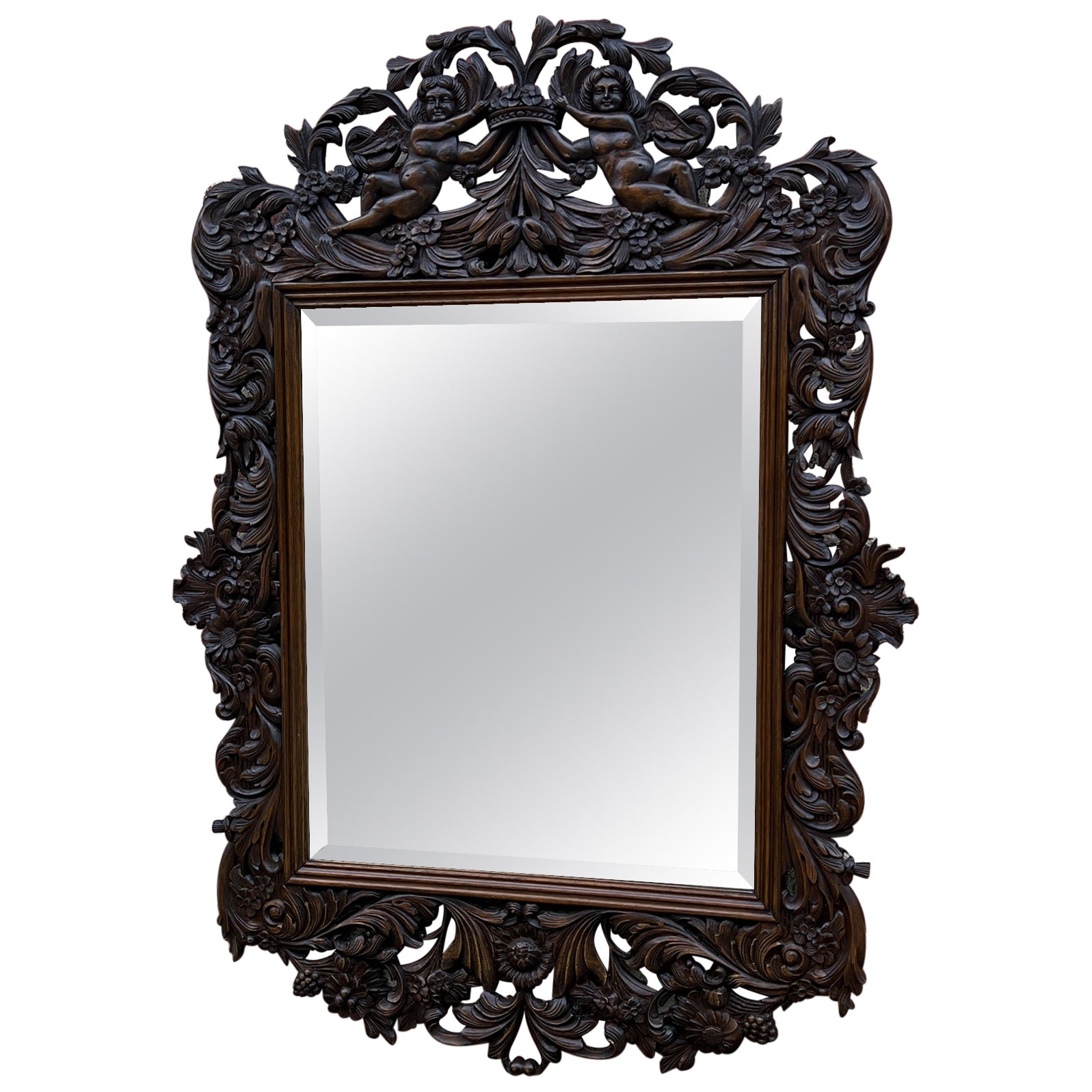 Antique French Mirror Framed Hanging Wall Mirror Cherubs Beveled Rectangular Oak For Sale