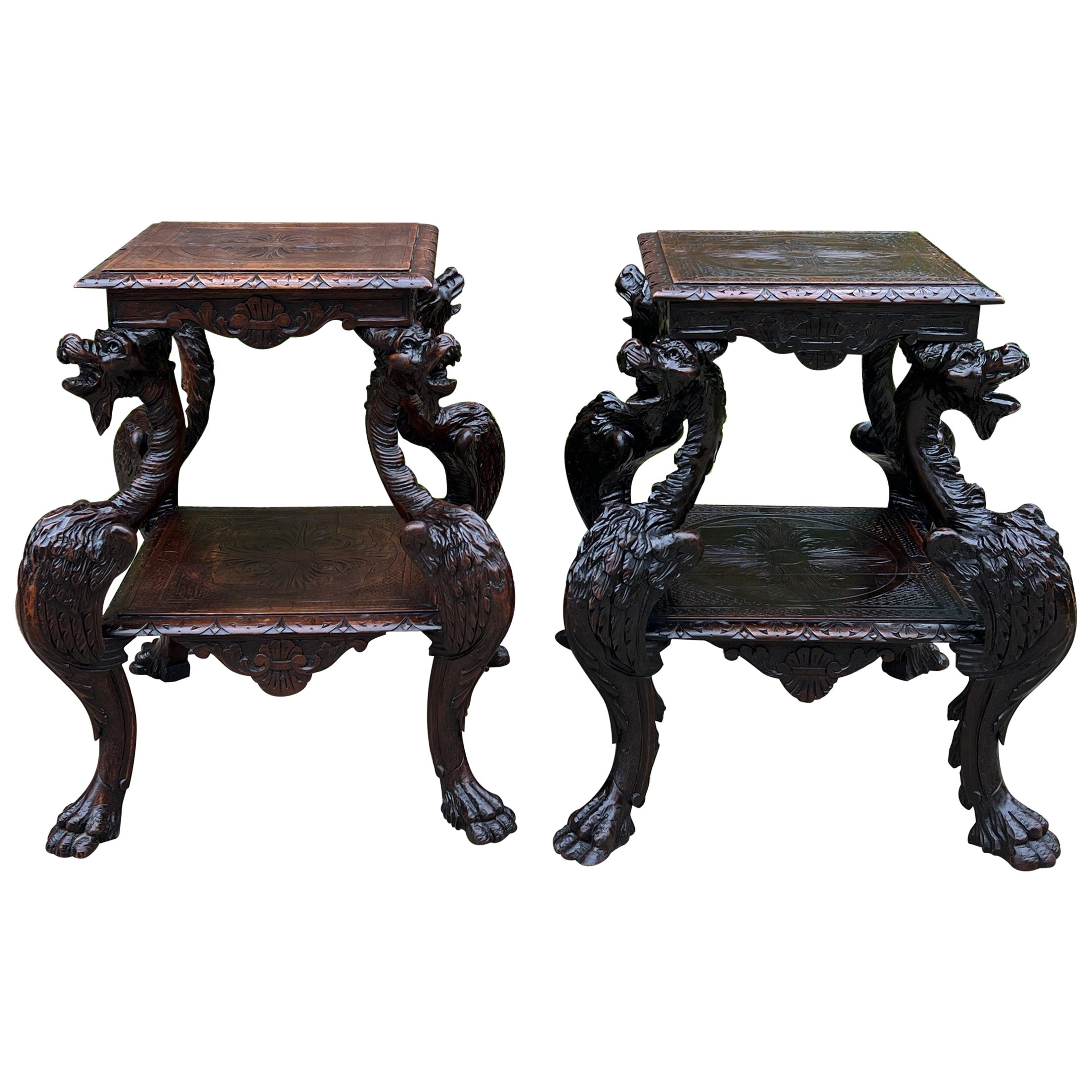 Antique French Pair End Tables Side Tables Nightstands Dragons Oak Gothic 19th C For Sale