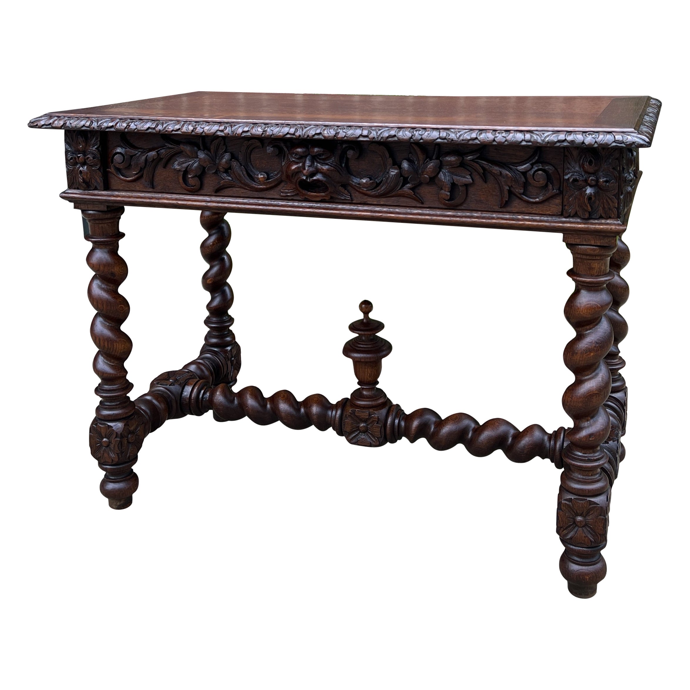 Table de bureau française d'antiquités Renaissance à large tiroir en chêne torsadé