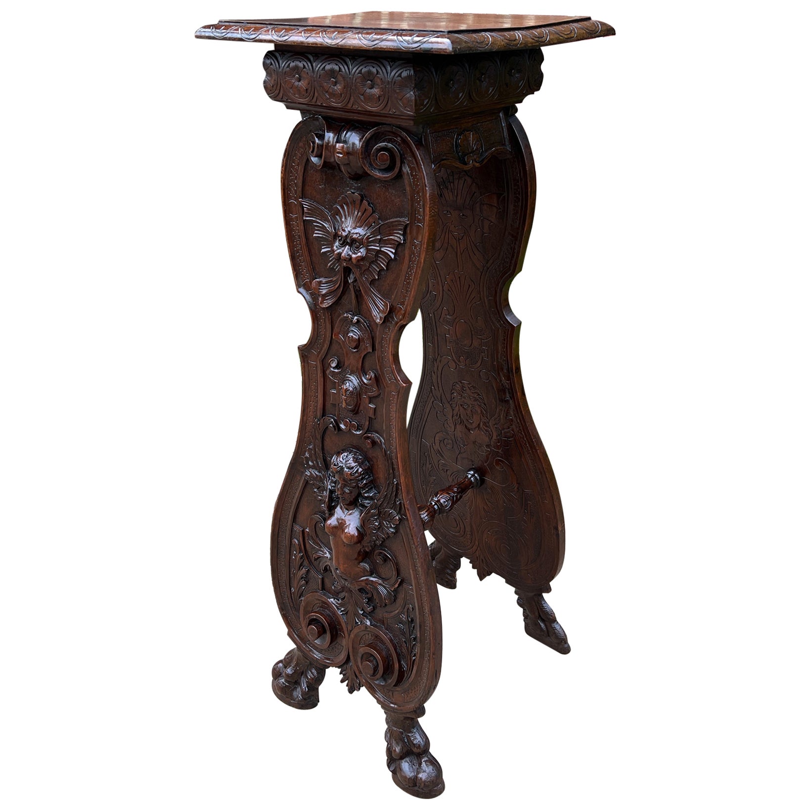 Antique French Pedestal Plant Stand Display Table Carved Oak Tall 19th C For Sale