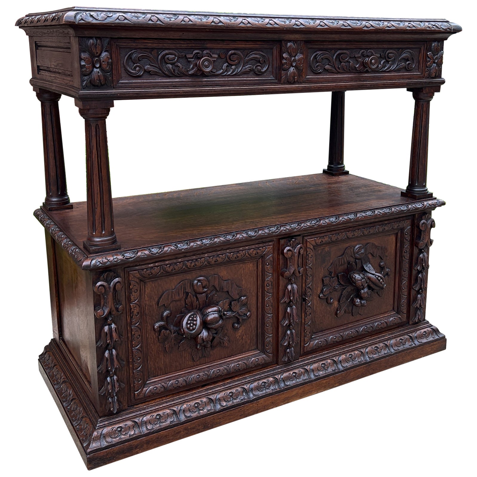 Antique French Server Sideboard Console Sofa Table Cabinet 2-Tier Drawers Oak For Sale