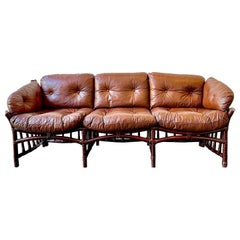 Leather and Rattan Sofa in the Style of Percival Lafer 