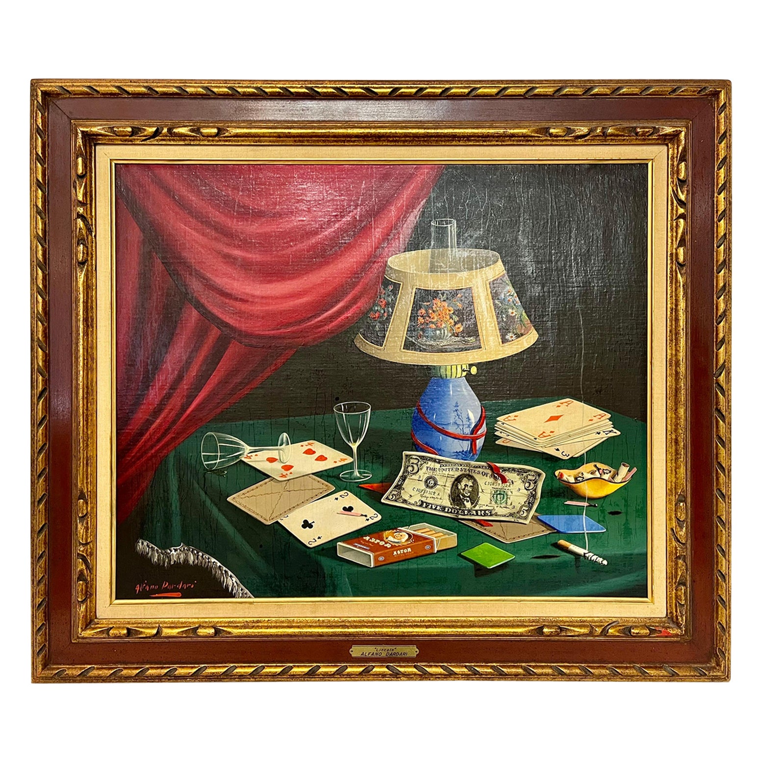 Alfano Dardari Large Midcentury Trompe L’oeil Still Life Oil Painting Framed For Sale