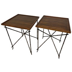 Pair Contemporary Walnut and Bronze Finish Faux Bamboo Side Tables Night Stands