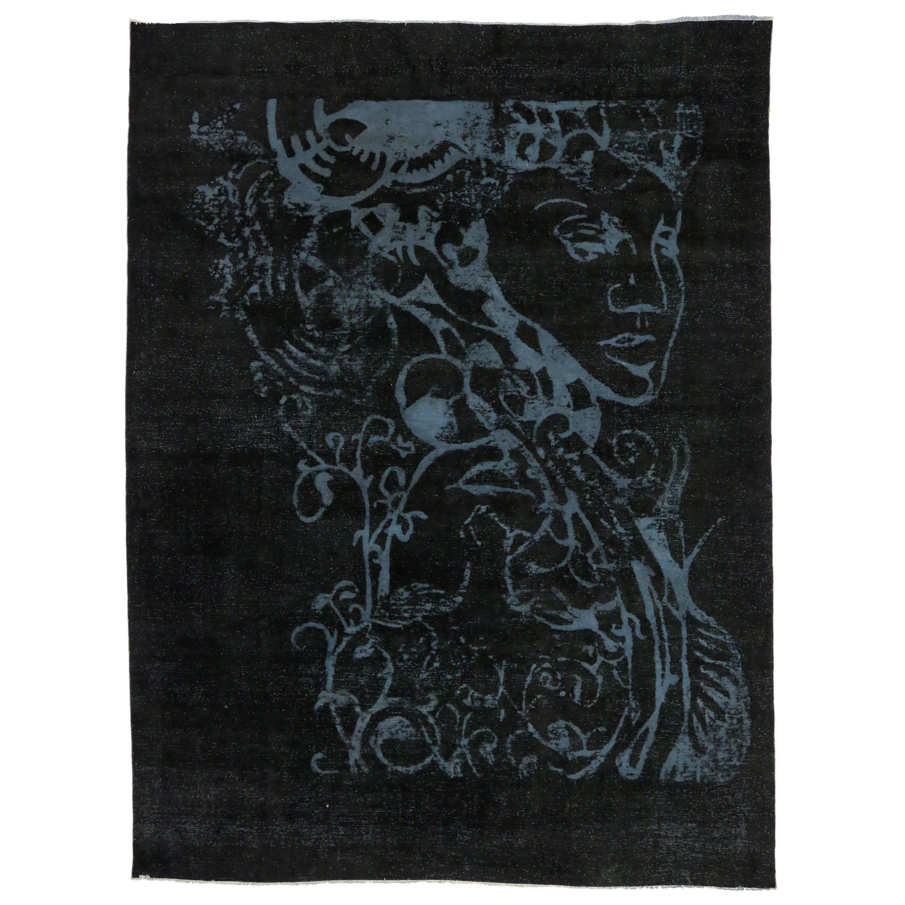 Vintage Overdyed Black Area Rug with Silhouette Optical Illusion 