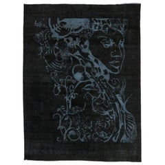 Retro Overdyed Black Area Rug with Silhouette Optical Illusion 