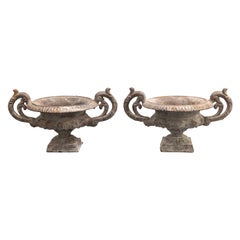Pair of Antique 19th C. French Medici Cast Iron Garden Urns Jardinieres Planters