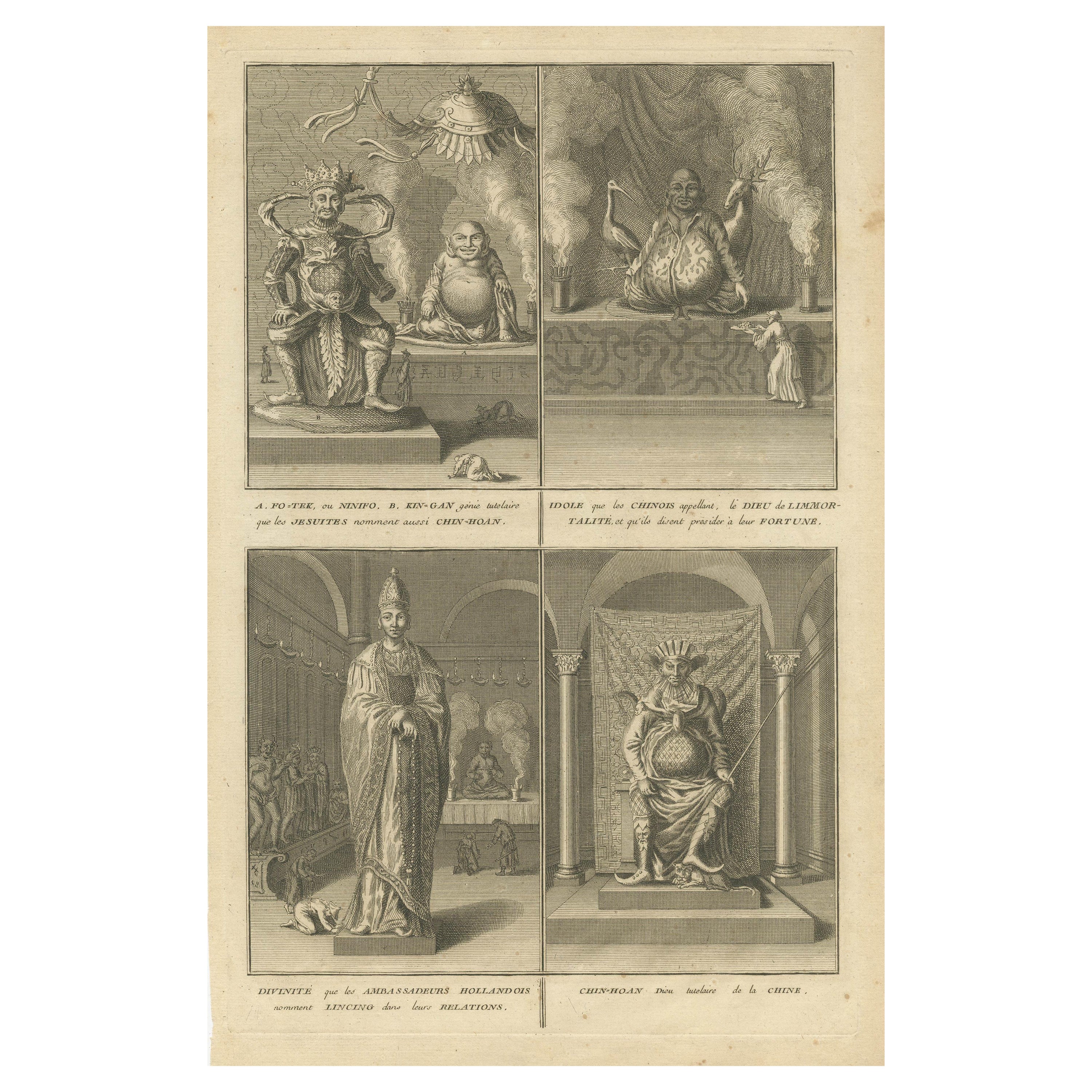 Antique Print of Fo-Tek, King-Gan and other Chinese Deities For Sale