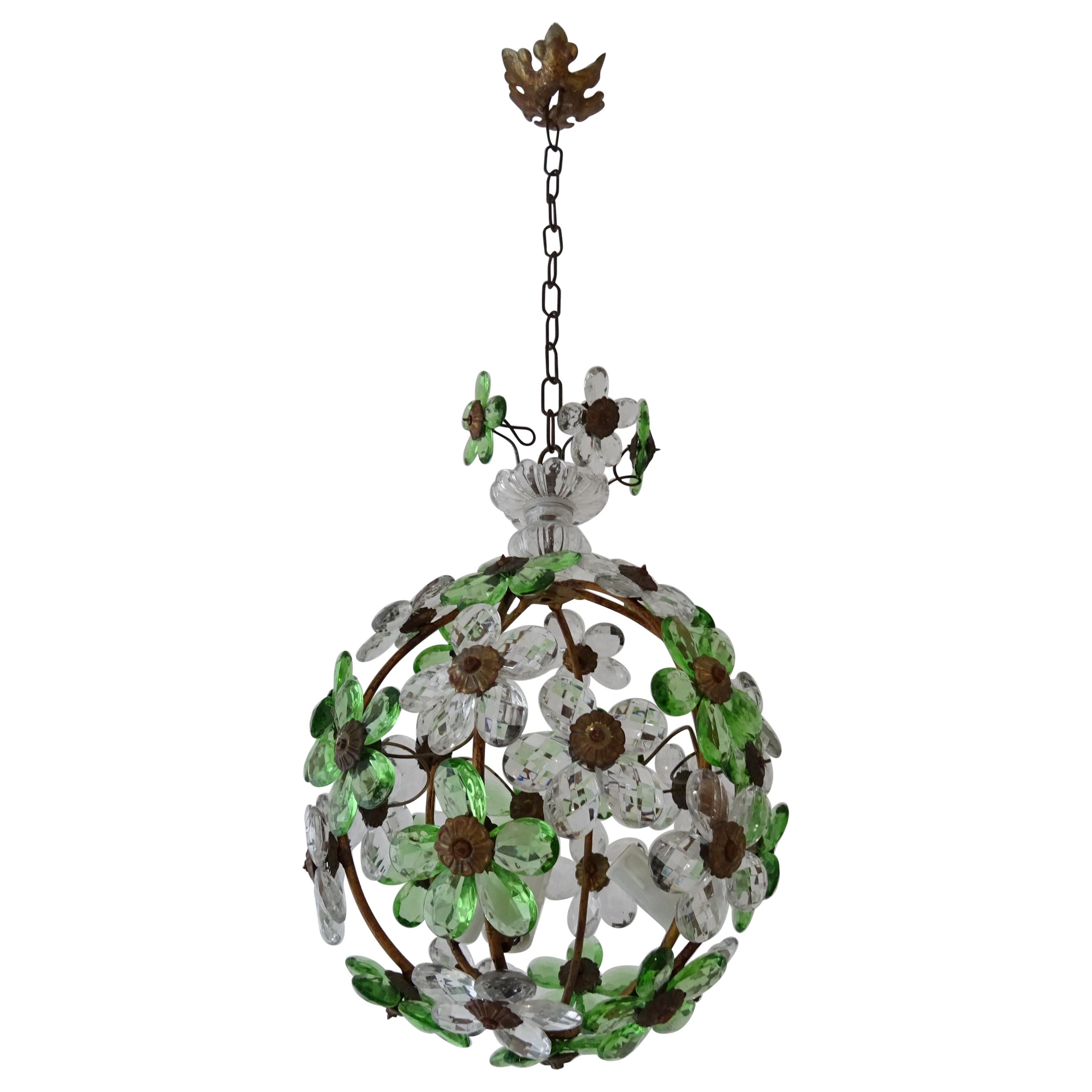 French Green Flower Ball Crystal Prisms Maison Baguès Style Chandelier, 1920s For Sale