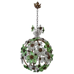 Antique French Green Flower Ball Crystal Prisms Maison Baguès Style Chandelier, 1920s