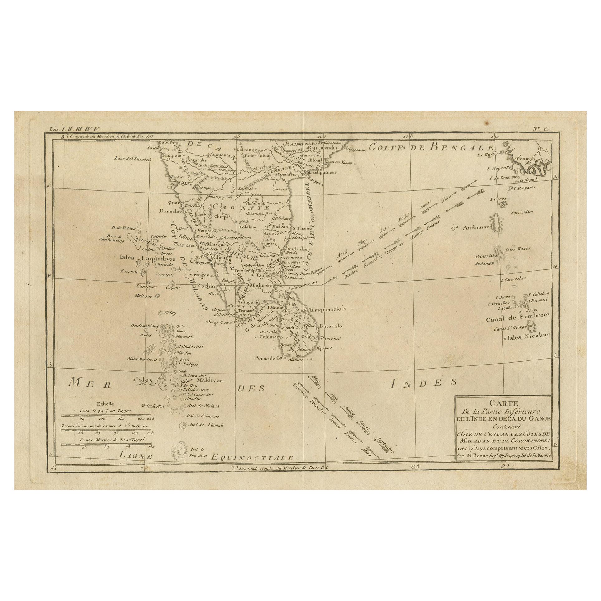Antique Map of Southern India, the Maldives and Sri Lanka with Currents