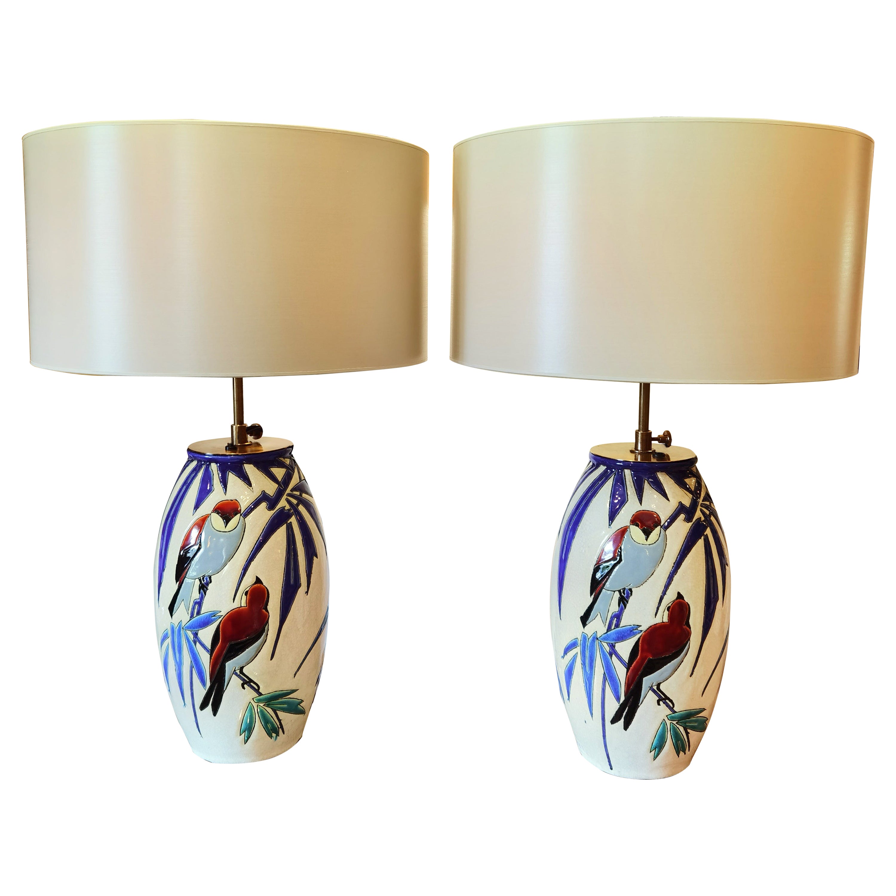 Paar Art-Déco-Tischlampen aus Keramik, Steingut, Boch La Louviere im Angebot