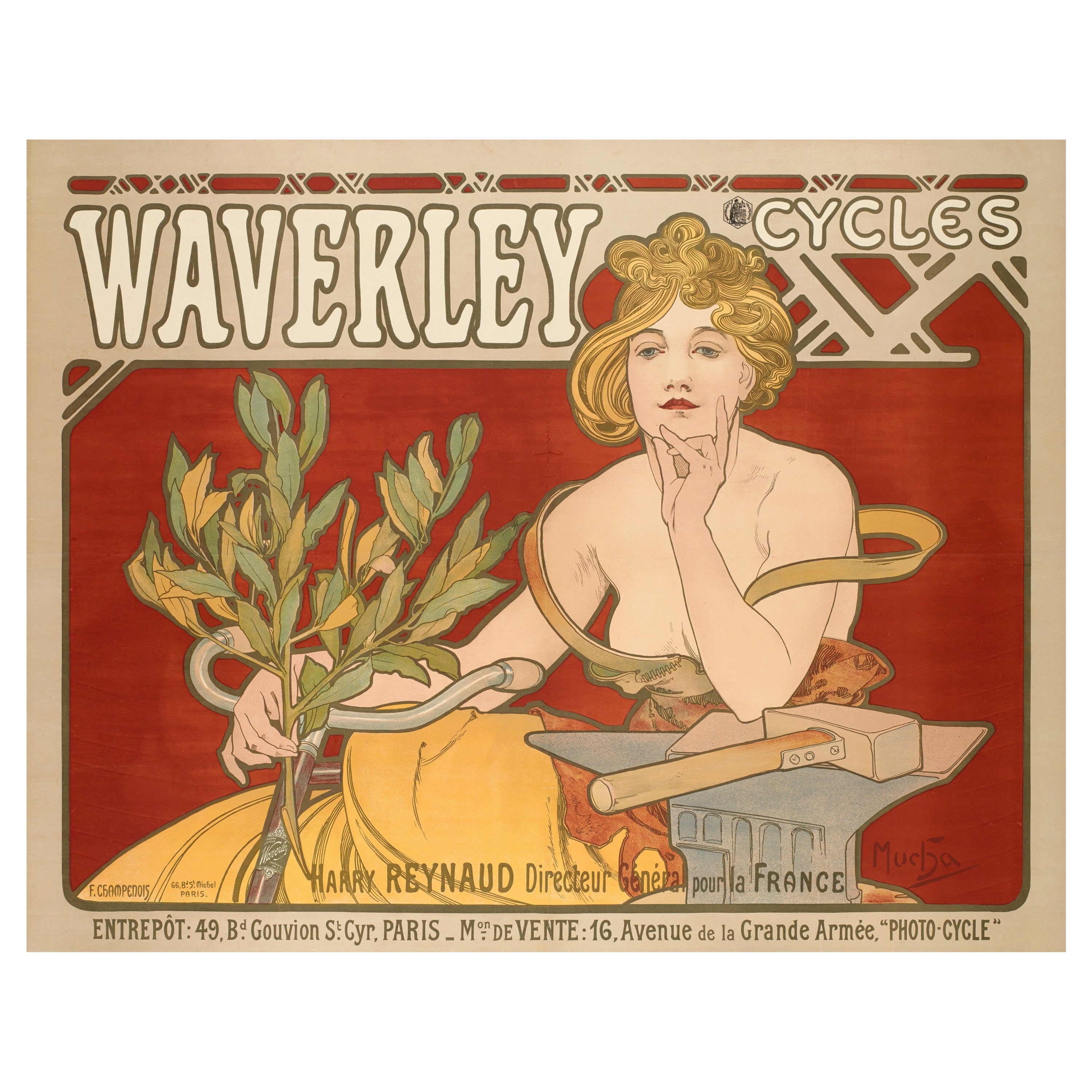 Mucha, Waverley Cycles, Original Art Nouveau Belle Epoque Vintage Poster, 1898
