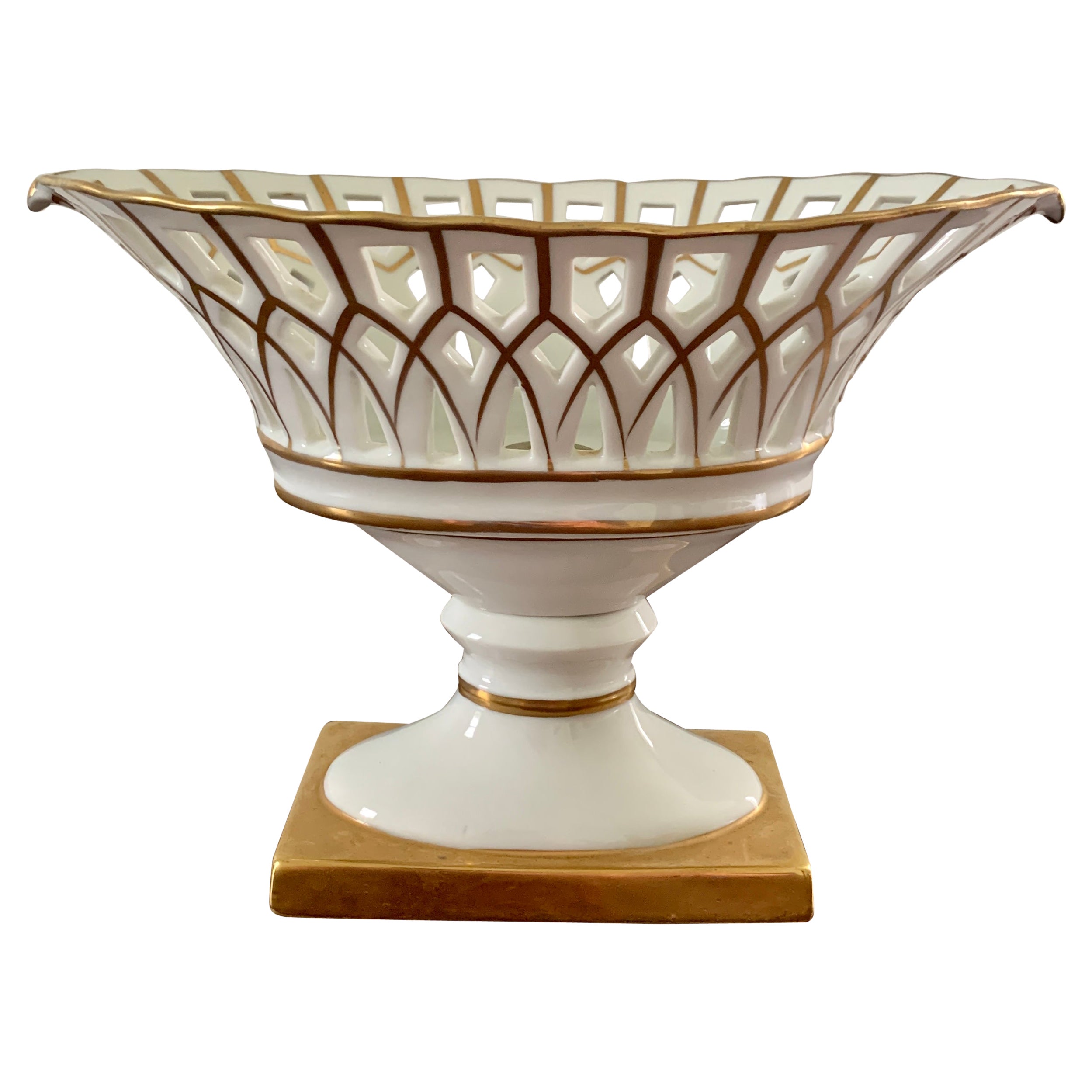 Reticulated Regency White Porcelain and Gold Gilt Basket Compote For Sale