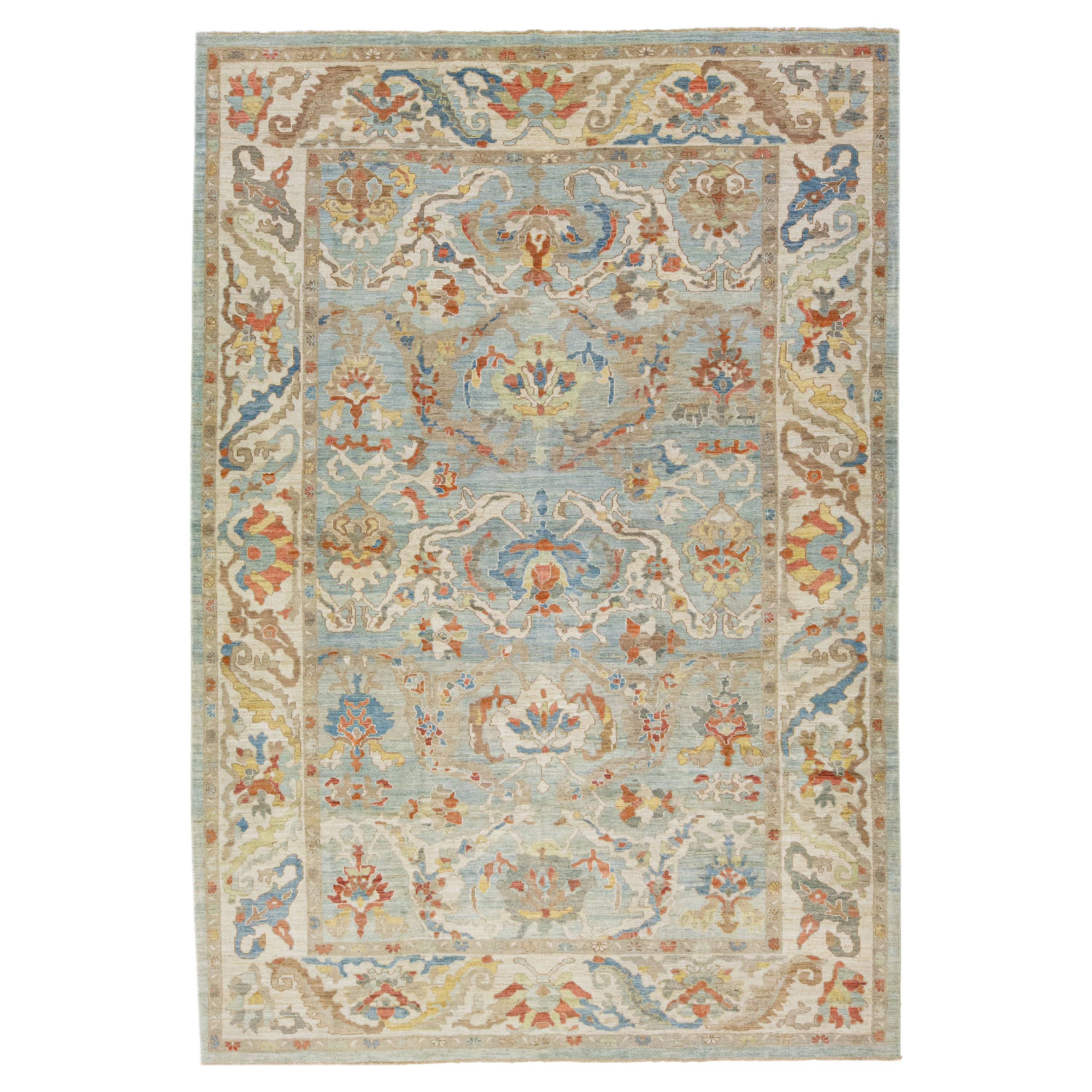 Modern Sultanabad Wool Rug with Multicolor Floral Motif in Blue For Sale