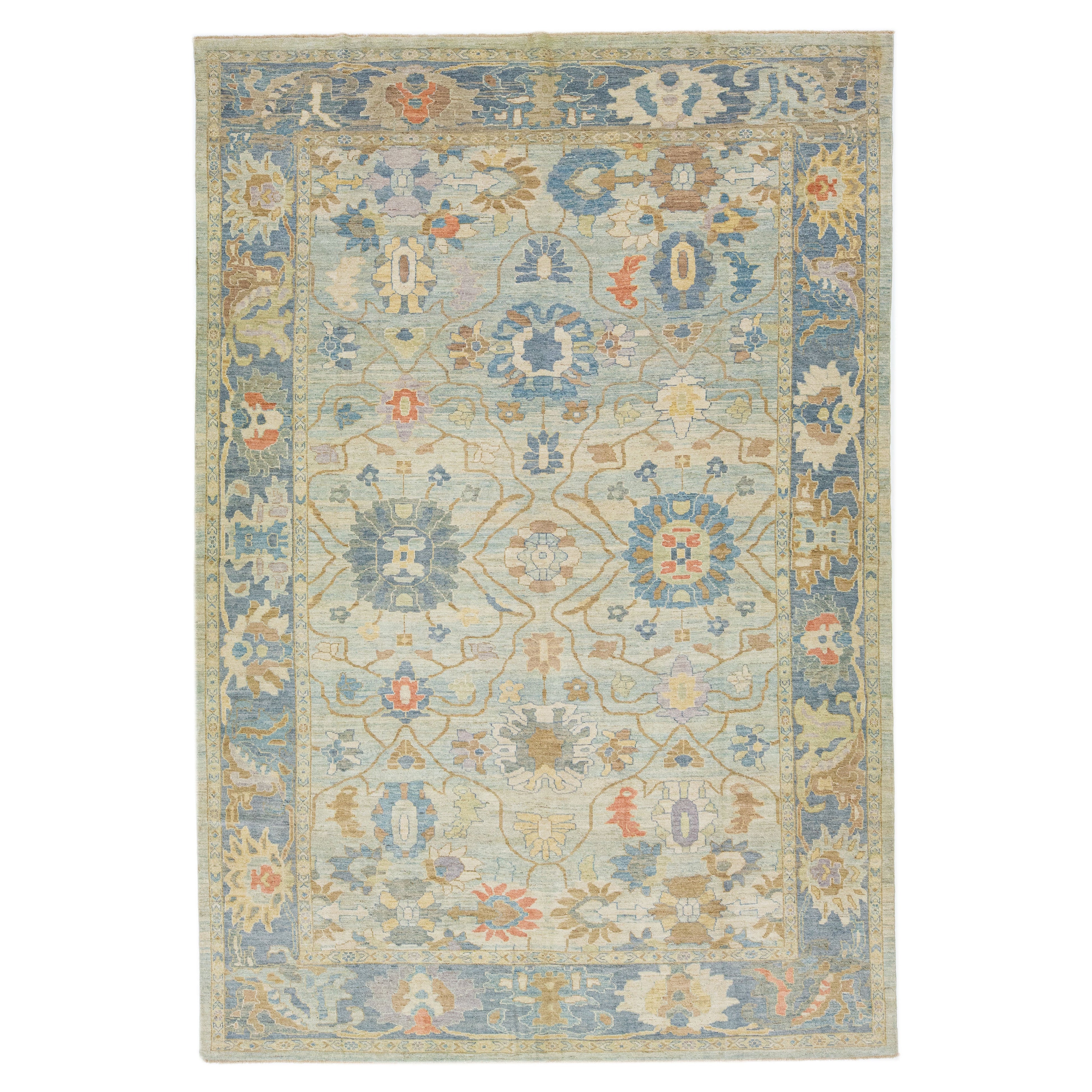 Blue Modern Sultanabad Wool Rug With Multicolor Floral Motif For Sale