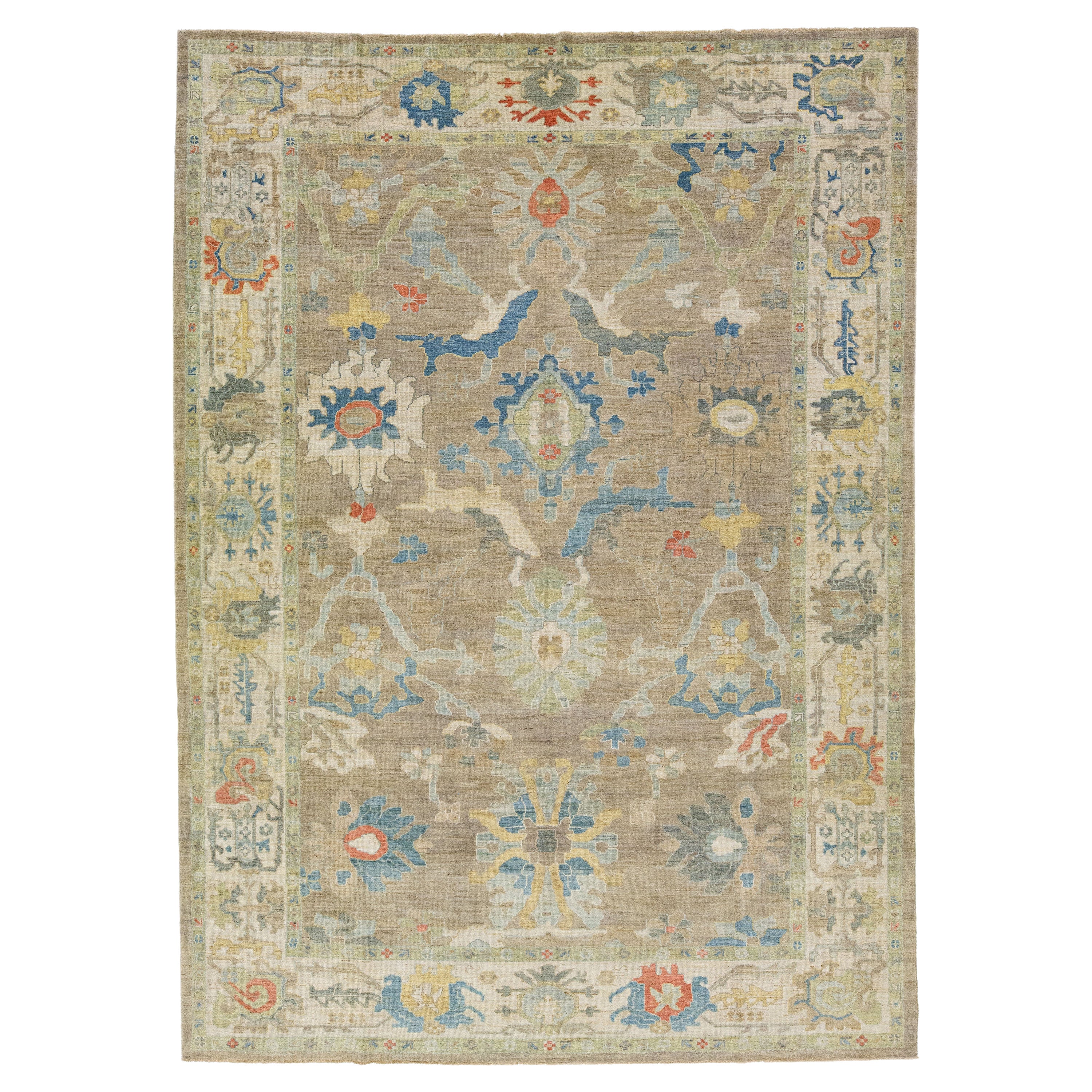 Modern Sultanabad Tan Wool Rug with Floral Design