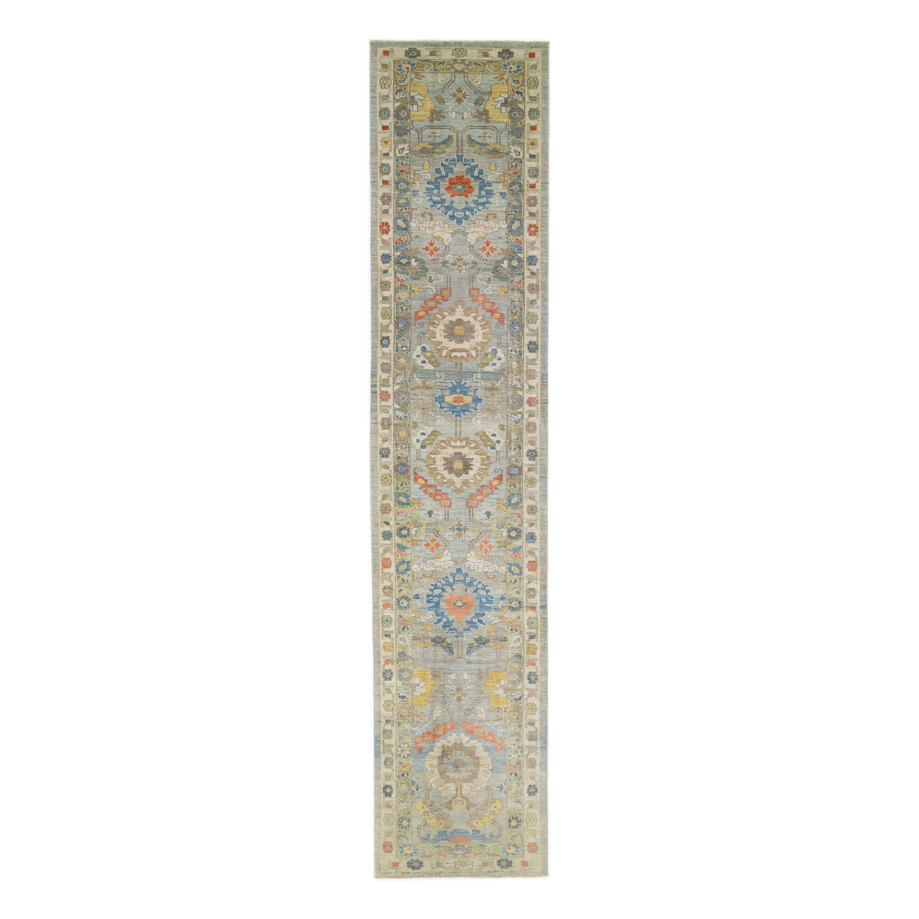 Contemporary Sultanabad Wool Runner Featuring a Multicolor Floral Design For Sale