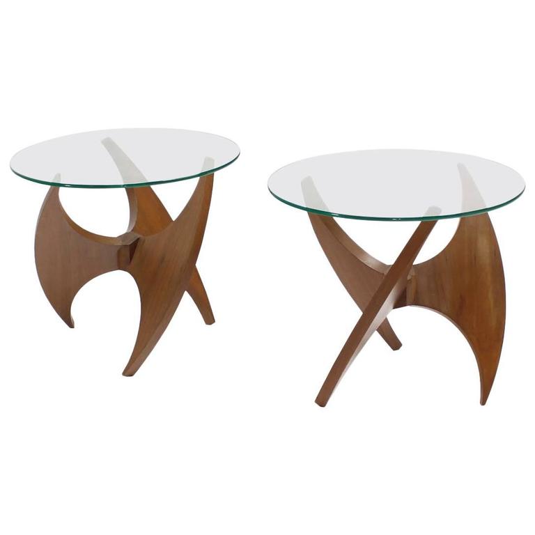 Walnut Propeller Base Glass Top Round End Side Tables