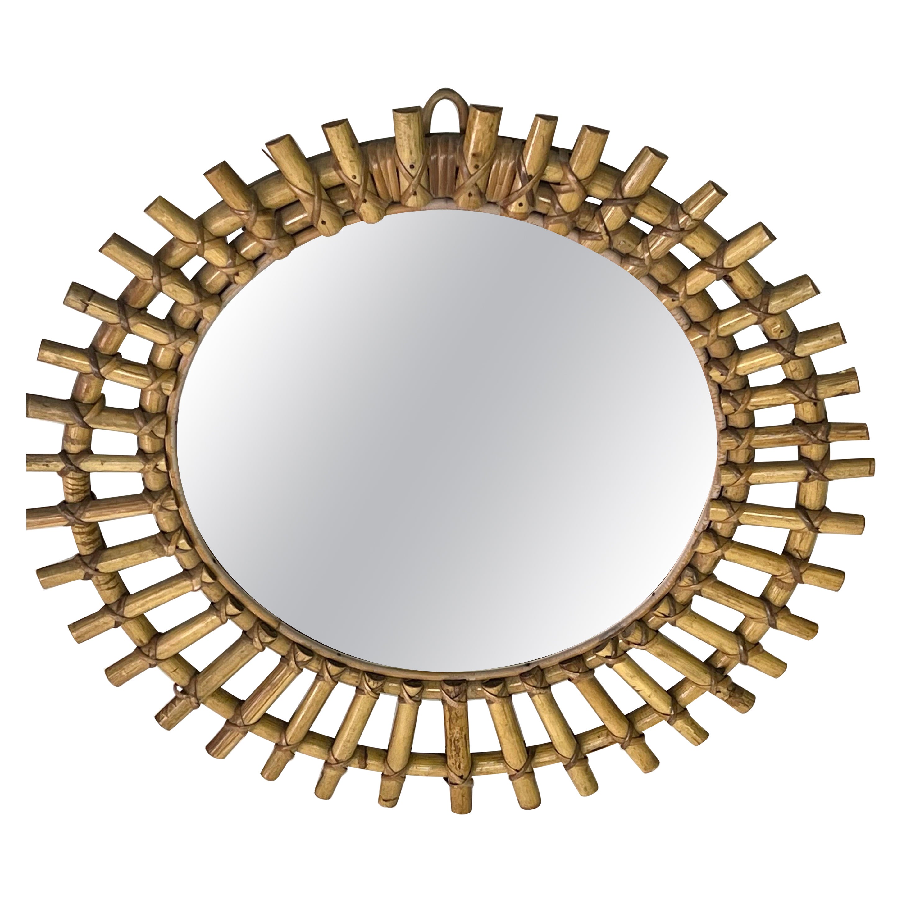 French Mid-Century Modern Neoclassical Bamboo and Rattan Sunburst Mirror, Arbus For Sale