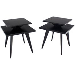 Pair of Black Lacquer Square Step Side Tables on Tapered Legs