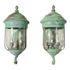Large Vintage Pair of Handcrafted Wall-Mounted Copper-Brass Lantern