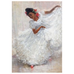 Antique Impressionist Painting of a Young Spanish Flamenco Dancer by J.C. Arter