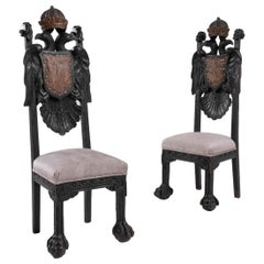 19th Century Spanish Carved Coat of Arms Side Chairs, a Pair