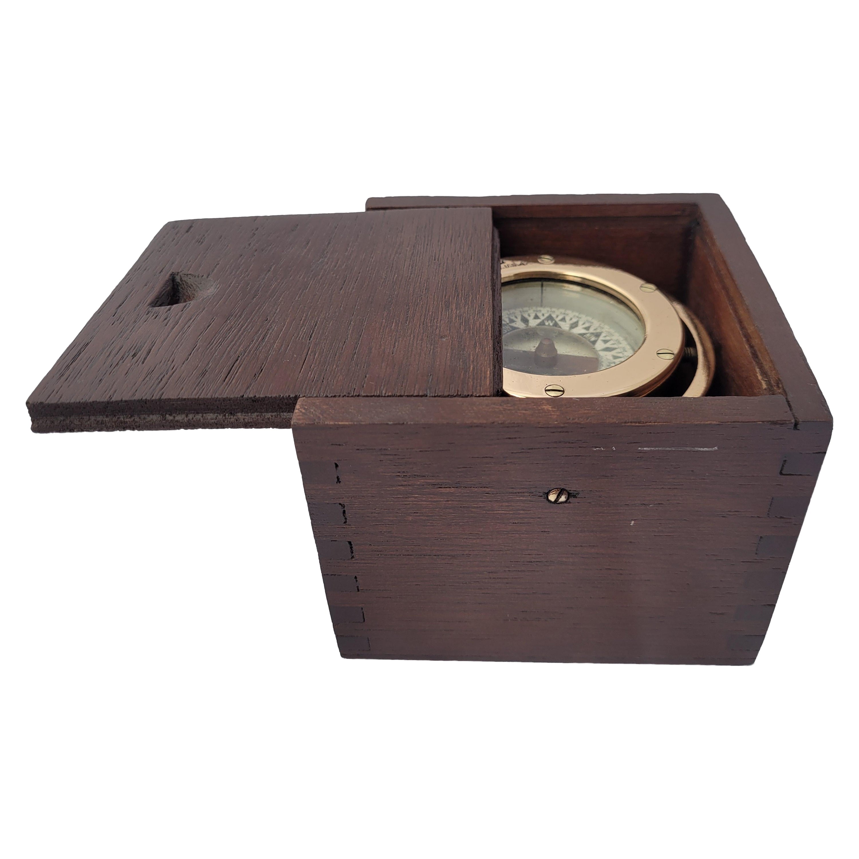 Brass Boat Compass in Varnished Wood Box For Sale