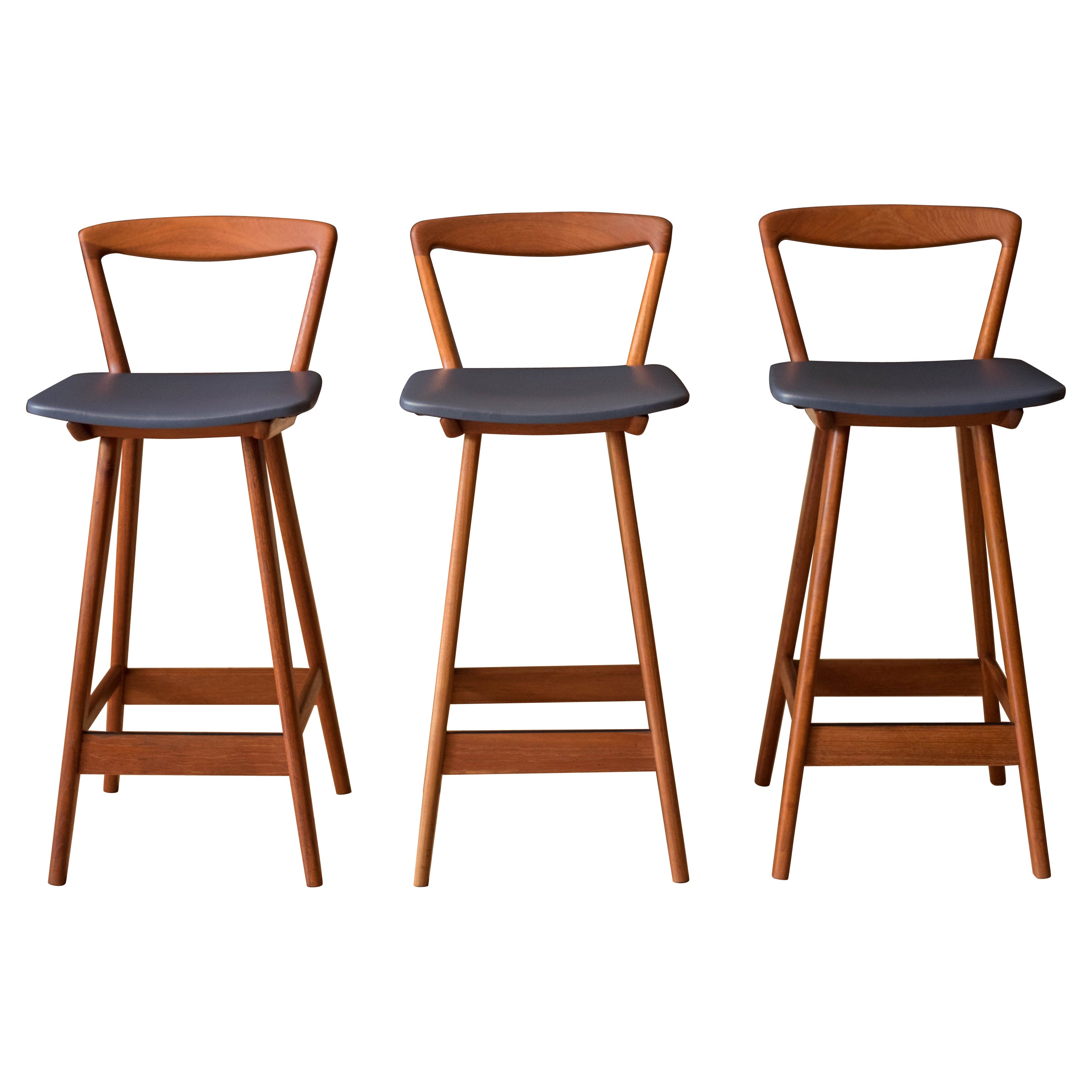 Set of Three Vintage Danish Teak Bar Stools by Henry Rosengren Hansen