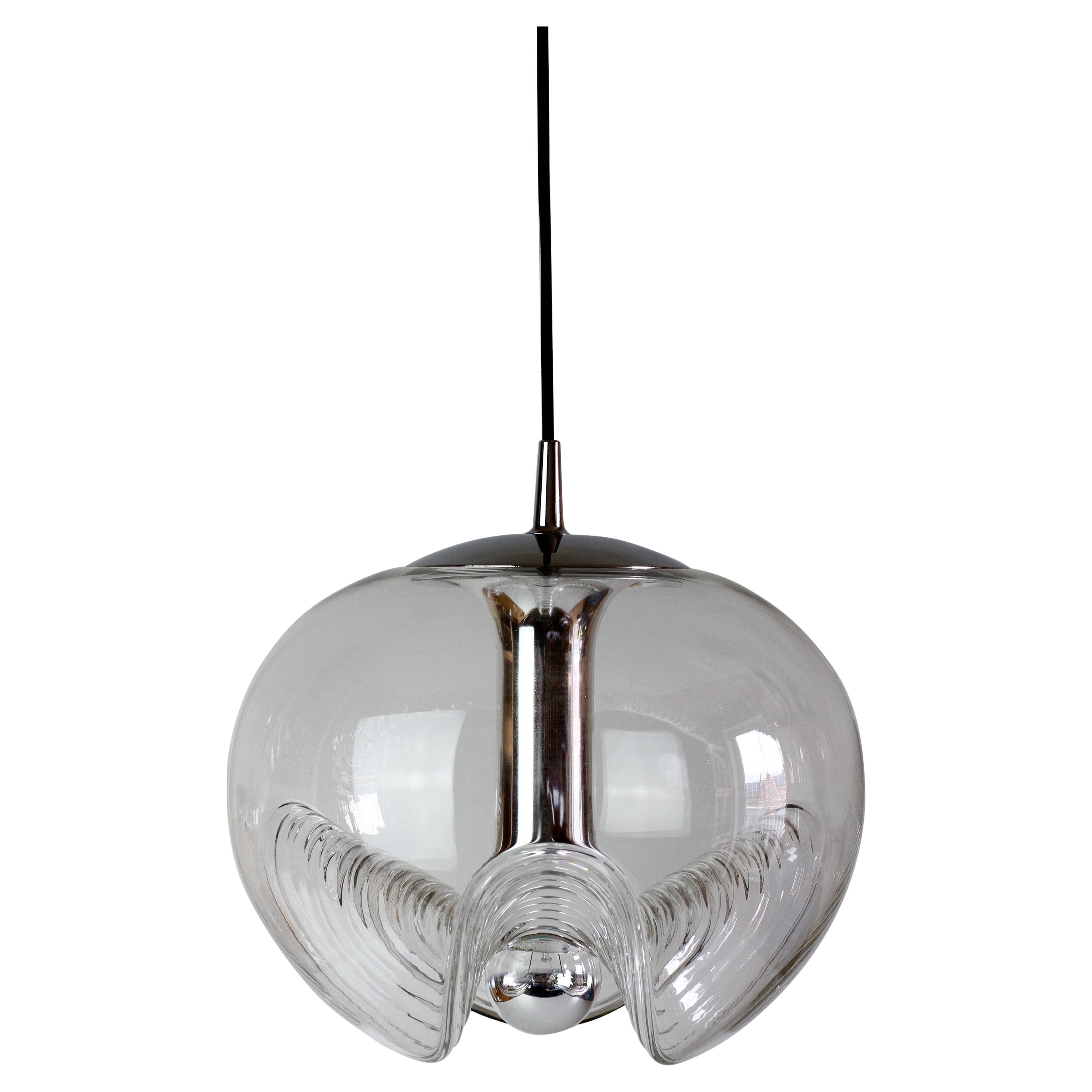 One of Ten Peill & Putzler Large Biomorphic Clear Glass & Chrome Pendant Lights For Sale