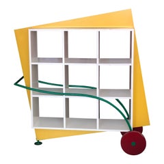 Colourful Postmodern Formica Lacquer Bent Metal Cubic Shelving Unit on Wheels
