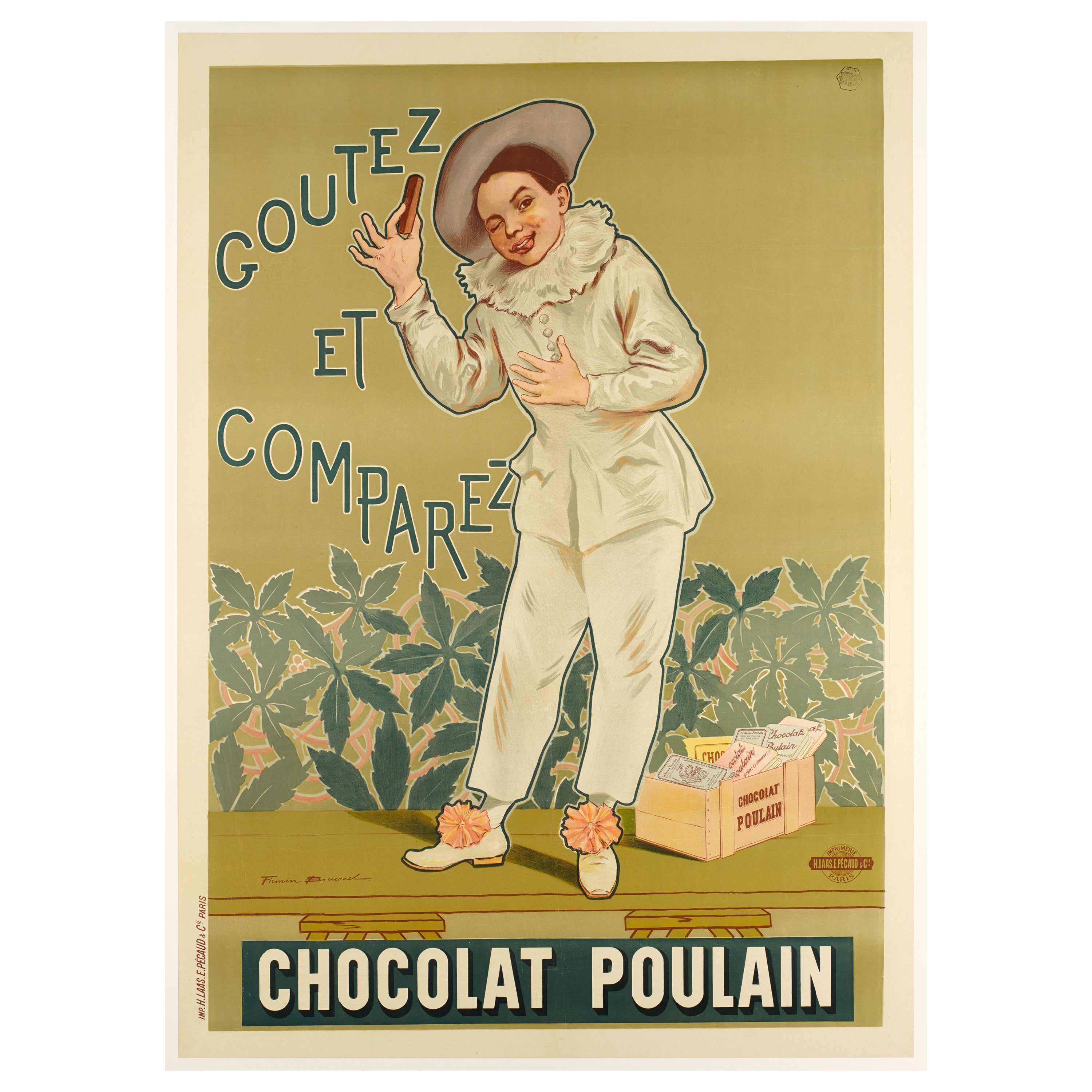 F. Bouisset, affiche originale Art Nouveau, Chocolat Poulain, Cocoa, Pierrot, 1898
