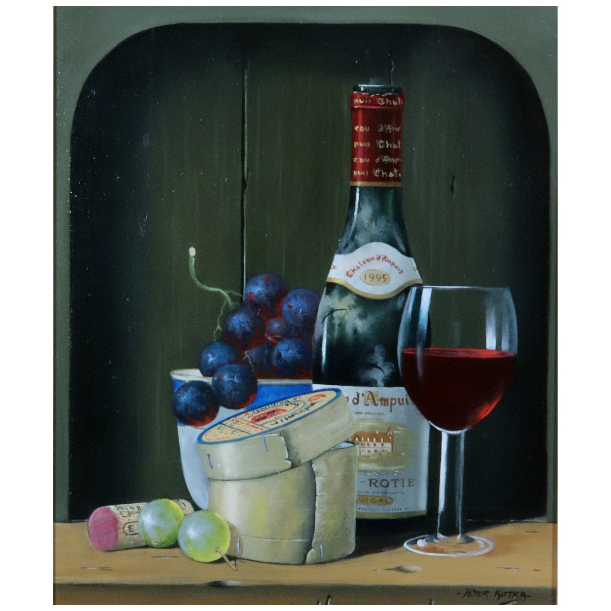 Peter A. Kotka Stiil Life with Wine & Cheese For Sale