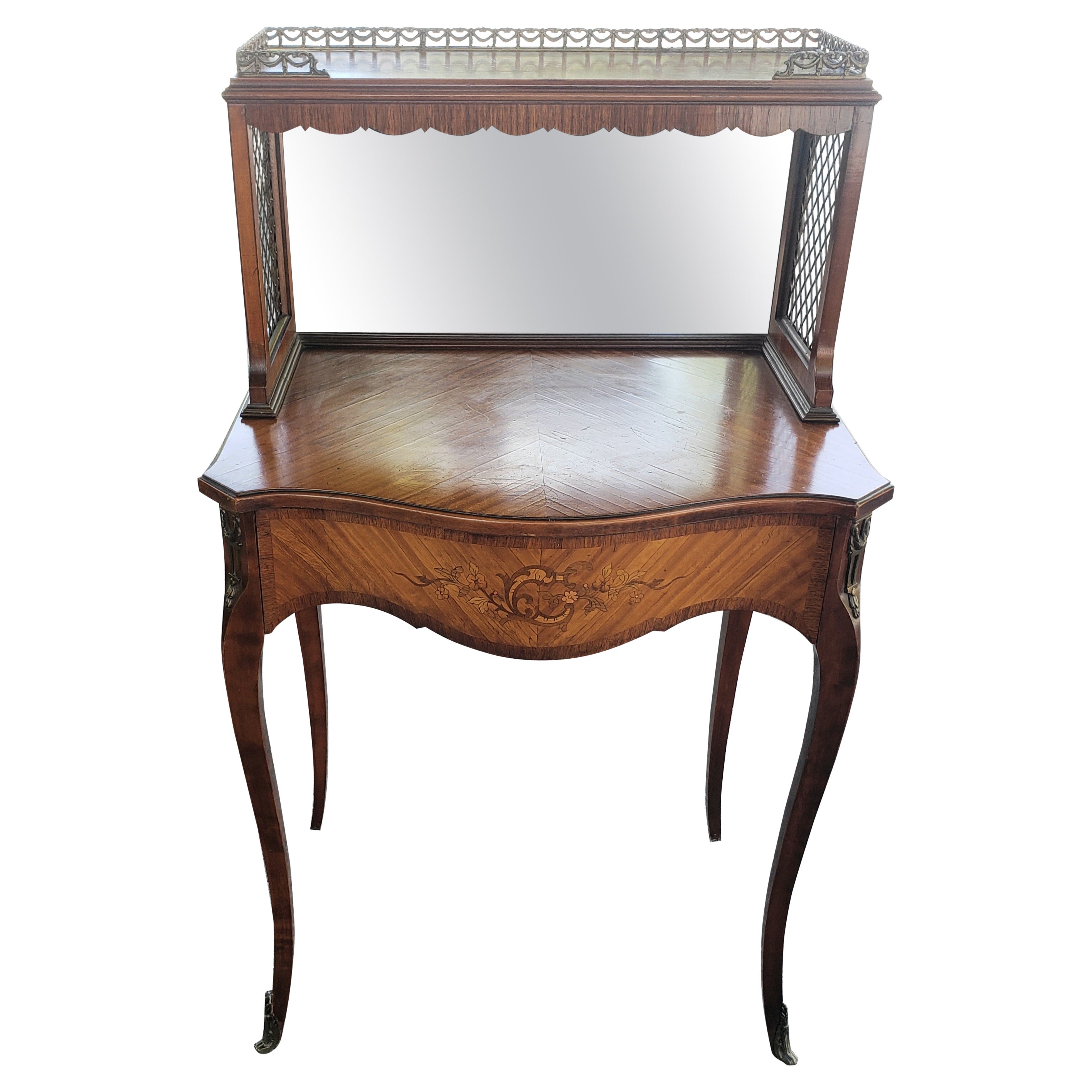 Louis XV Marquetry Mirrored and Galleried Bonheur Du Jour Ladies' Bureau Vanity For Sale