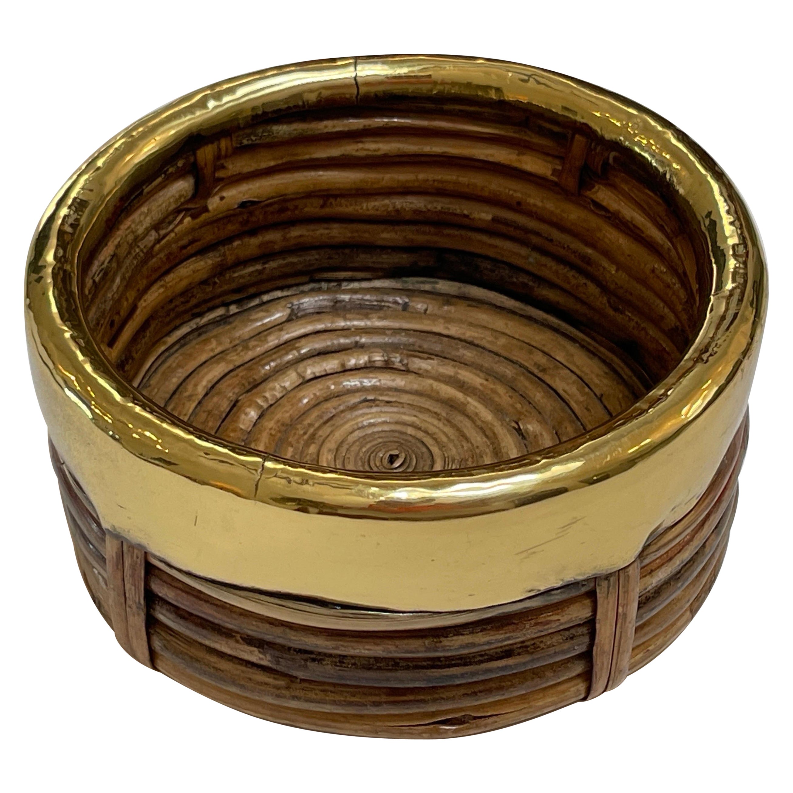 1970s Italian Bamboo/ Rattan Wine Coaster with Polished Brass Rim For Sale